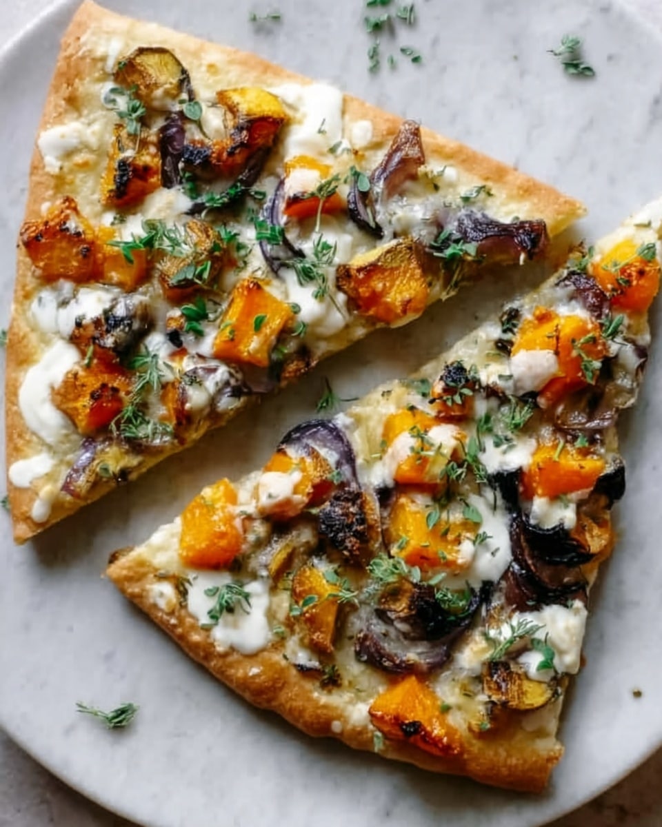 The image shows three slices of flatbread pizza on a white plate, placed on a white marbled surface. Each slice has a light golden crust with a soft, slightly fluffy texture. The top layers include a creamy white cheese spread evenly, topped with roasted orange pumpkin pieces, small dark brown mushroom slices, and fresh green herb leaves scattered over the top. The contrast between the bright orange, dark mushrooms, and green herbs creates a colorful and appetizing look. Photo taken with an iphone --ar 4:5 --v 7