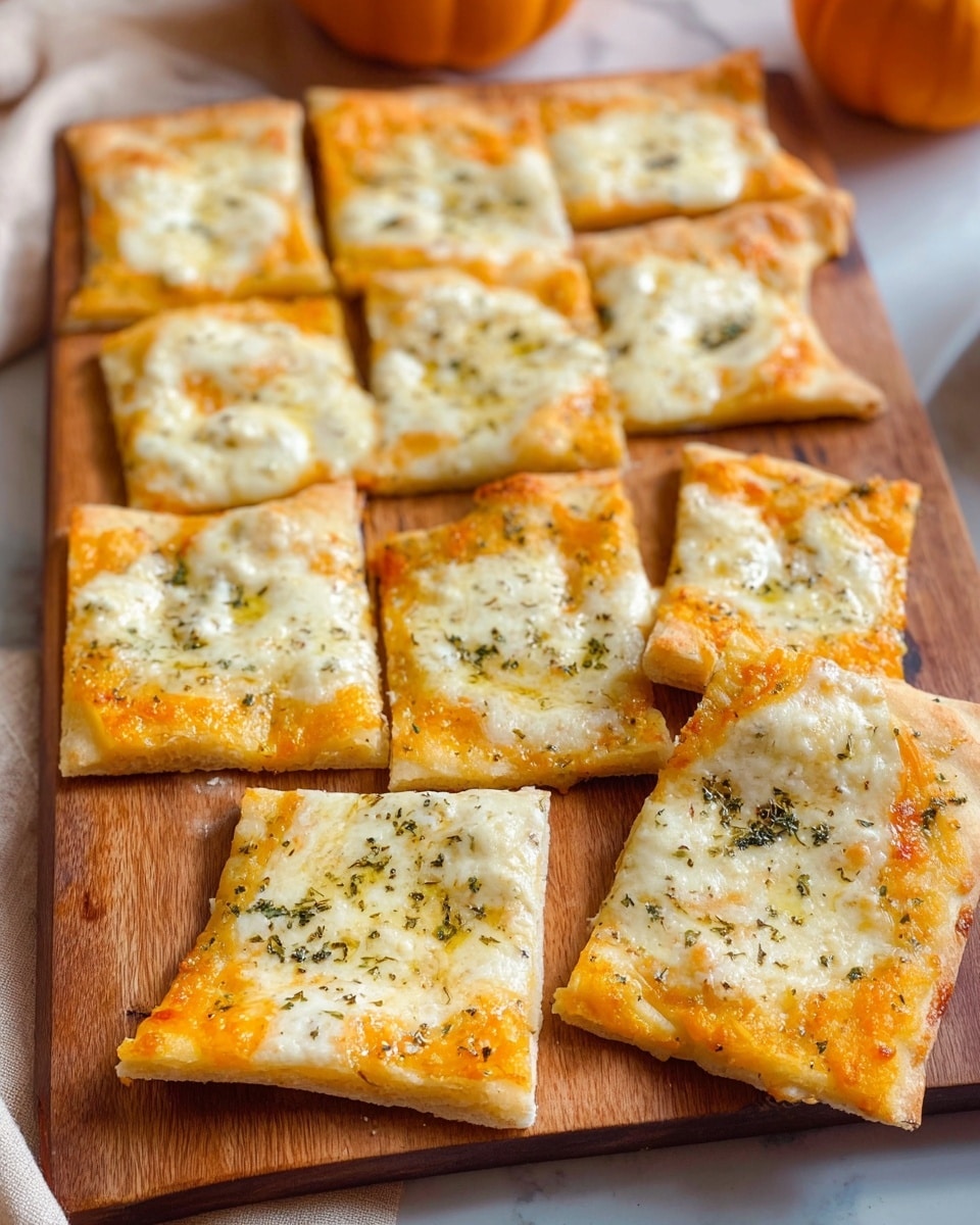 A wooden board holds 16 square pieces of a thin pizza sliced evenly. The pizza has one main thin crust layer with a light golden-brown edge and soft texture. On top, there is an orange melted cheese layer spread close to the edges. Above that, a more melted white cheese layer with a slightly bubbly, creamy texture covers each piece partially. Scattered finely on top are greenish dried herbs adding a speckled look. The background shows a soft white marbled texture with an orange pumpkin partially visible. The photo taken with an iphone --ar 4:5 --v 7