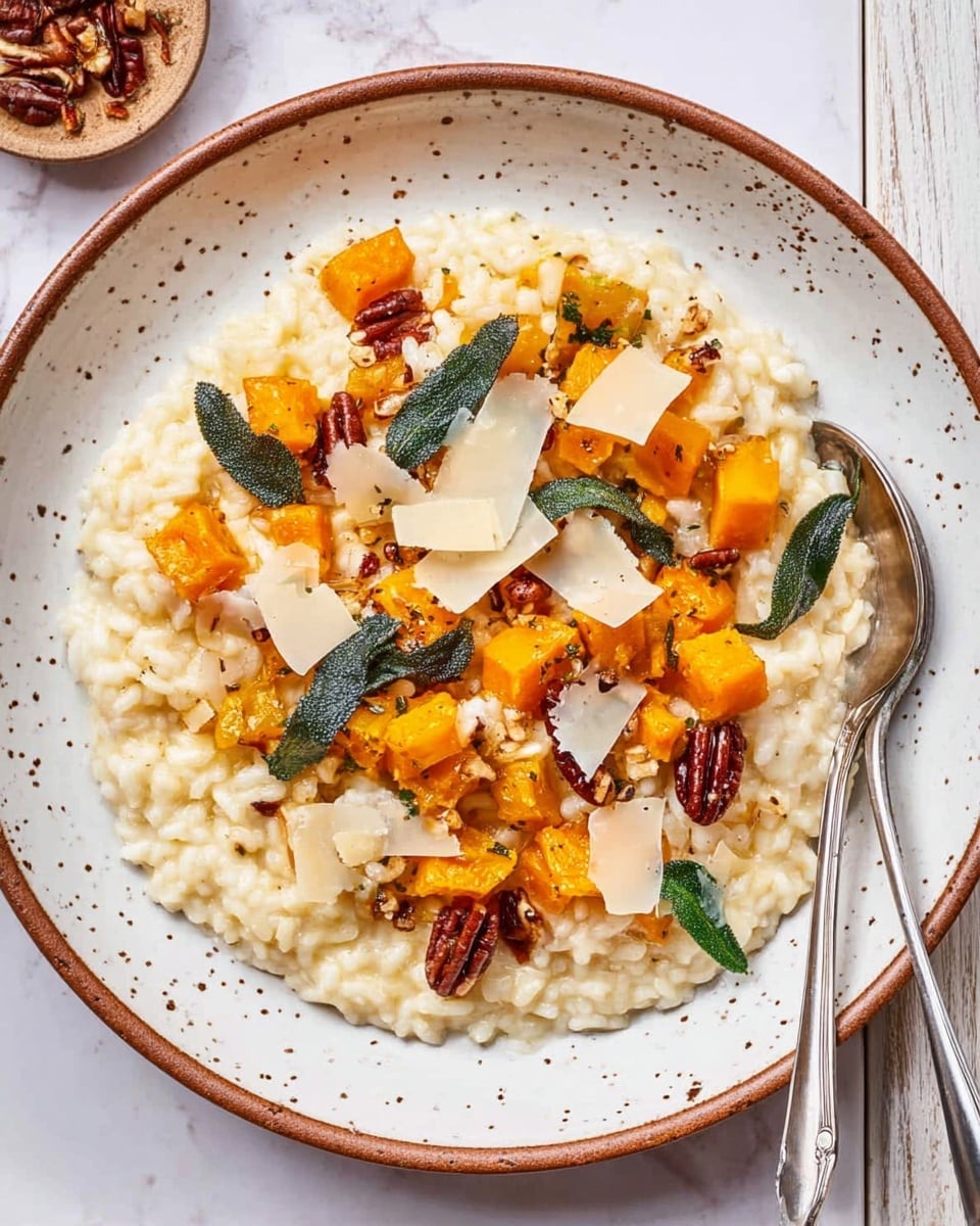 The dish is served on a white speckled plate with a thin brown rim, placed on a white marbled surface. The base layer is creamy white risotto with a soft and slightly lumpy texture. On top, there is a bright orange layer of roasted diced squash and small white cubes, adding a contrast of colors and firmness. Scattered over the vegetables are dark green fried sage leaves and toasted brown pecan halves, adding a crunchy texture. Thin, wide shavings of pale yellow cheese are spread unevenly on top. A silver spoon and fork rest on the right side of the plate, partially on the dish. photo taken with an iphone --ar 4:5 --v 7