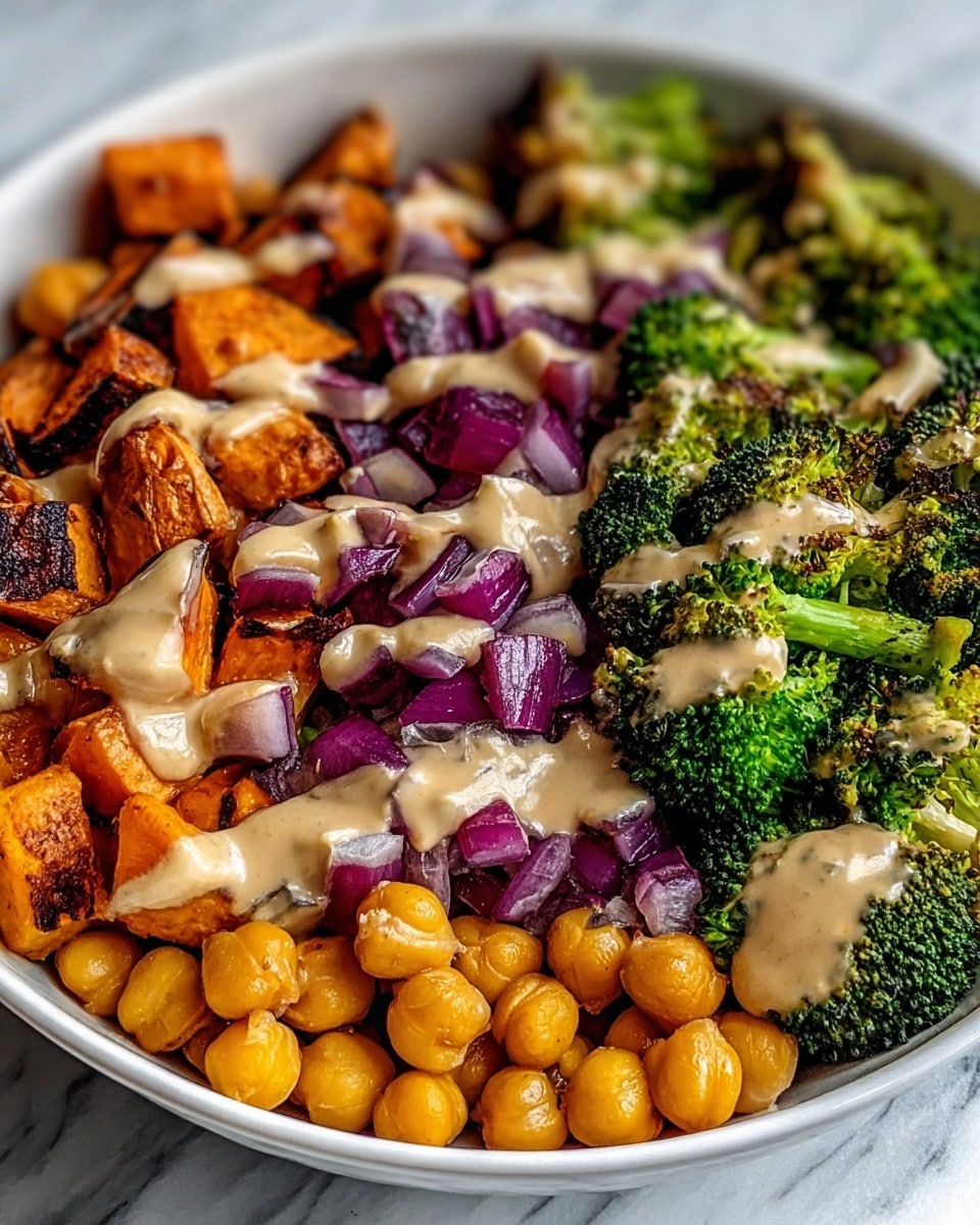 The dish is served in a white bowl placed on a white marbled texture. The bottom layer consists of golden chickpeas with a shiny, smooth texture. Above the chickpeas, there is a layer of chopped purple onions, adding a vibrant, translucent color. Next, there are charred broccoli florets with a bright green color and slightly crisp edges. Roasted orange sweet potatoes with some caramelized brown spots form another visible layer. The whole dish is lightly drizzled with a creamy beige sauce speckled with herbs, adding a smooth and moist texture on top of the colorful vegetables and chickpeas. Photo taken with an iphone --ar 4:5 --v 7