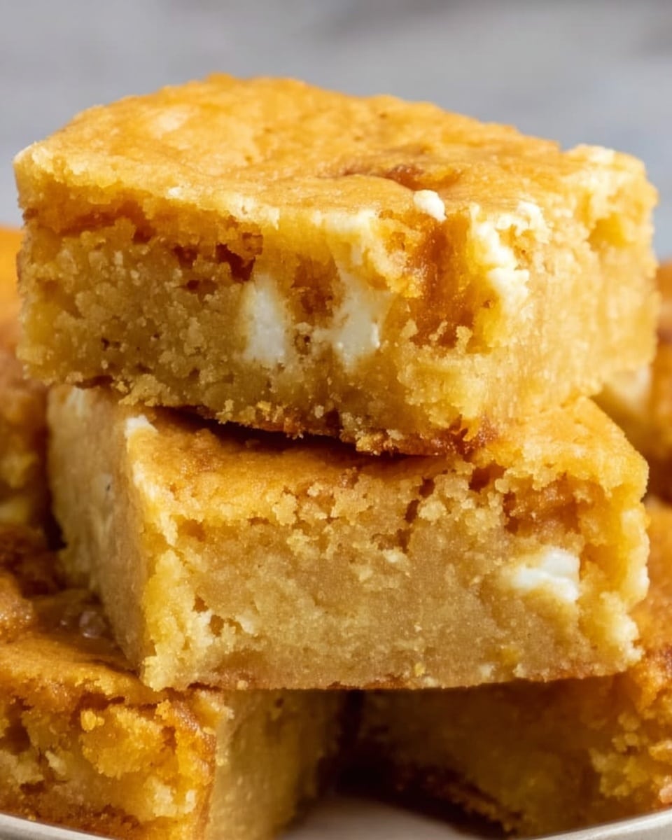 The image shows a close-up of three thick square pieces of golden-brown dessert bars stacked unevenly, with the top piece slightly tilted, exposing a crumbly, moist texture inside that looks soft and dense with tiny bits visible within. The bars have a rough surface with slight cracks, and the color is a warm, inviting tan-orange shade. The background is a white marbled texture lightly blurred to keep focus on the dessert. Photo taken with an iphone --ar 4:5 --v 7