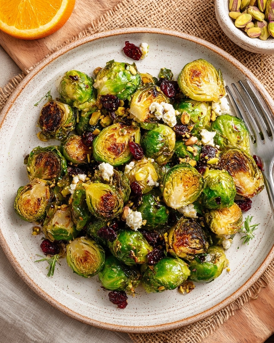 A round white speckled plate holds a mix of roasted Brussels sprouts as the main layer, each cut in halves showing a bright green outer layer with crispy, browned edges. Scattered on top are small clusters of white, crumbly cheese and small pieces of reddish dried cranberries, adding contrast. Tiny chunks of green pistachios are sprinkled over the dish, giving texture and color variation. The plate sits on a wooden table with part of a beige burlap cloth visible beneath. In the corner, there is a glimpse of a sliced orange and a small white speckled bowl with more pistachios. A silver fork is placed near the plate's edge. Photo taken with an iphone --ar 4:5 --v 7