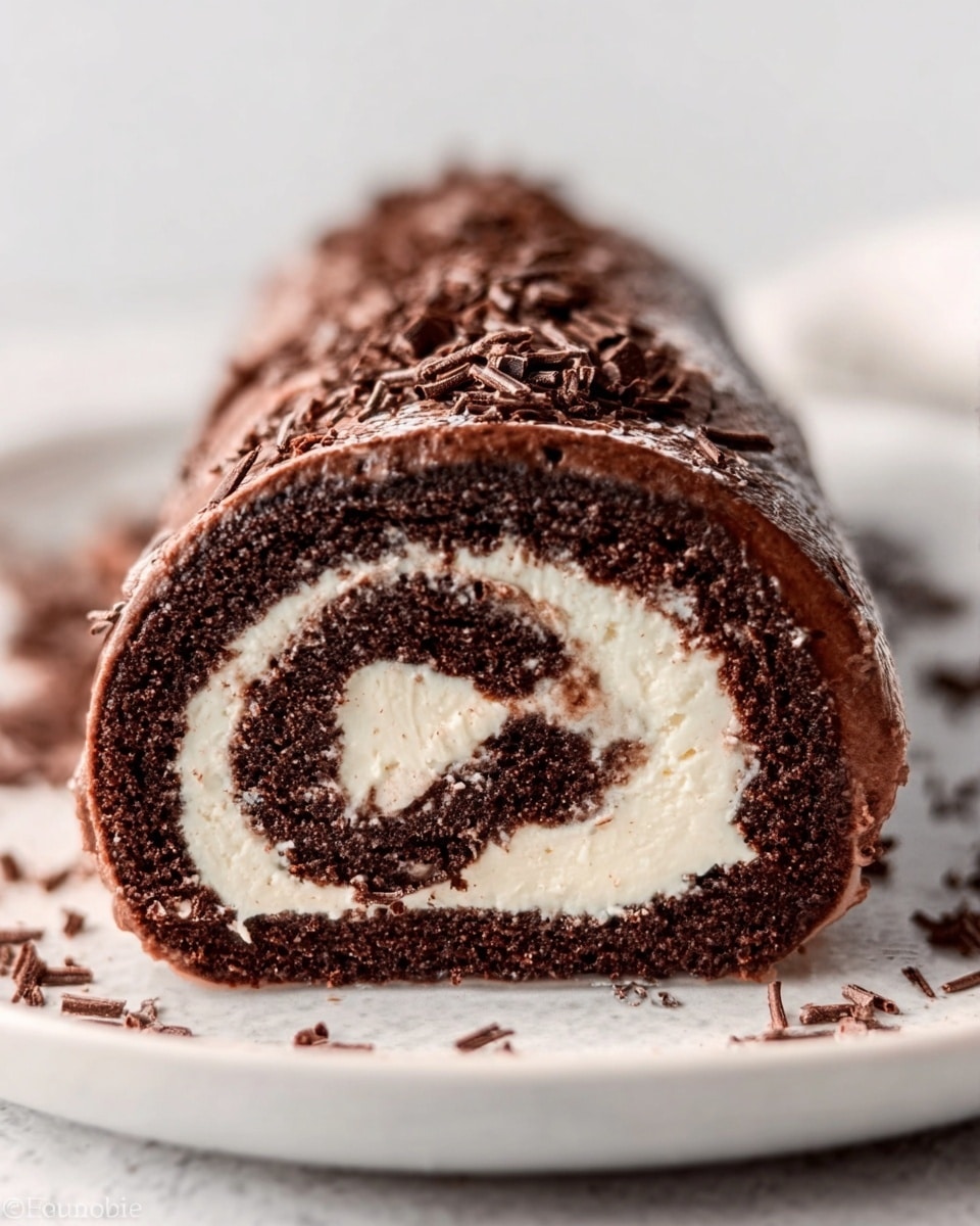 A close-up image of a chocolate roll cake slice, showing three visible layers: the outer dark brown chocolate cake layer, a thick inner layer of light cream filling swirled inside, and small chocolate shavings sprinkled on top of the roll, all placed on a white plate set on a white marbled surface. The texture of the chocolate cake layer appears soft and moist, while the cream filling looks smooth and fluffy. The image is sharply focused on the front of the cake roll, with a blurred background. Photo taken with an iphone --ar 4:5 --v 7
