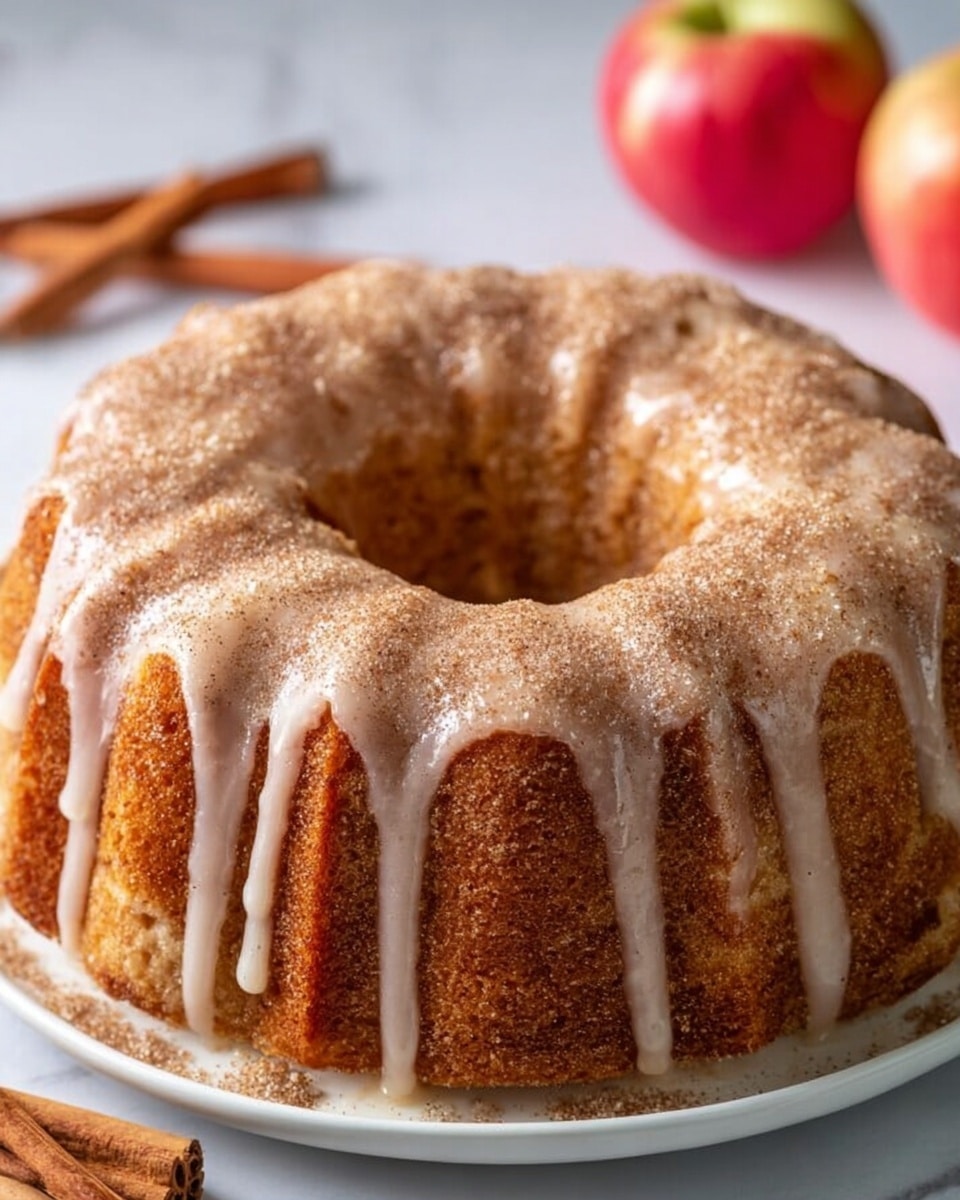 A single-layer bundt cake with a golden brown color and soft texture sits on a white plate. The top of the cake has white icing drizzled over the ridges, with a light sprinkling of sugar and cinnamon giving it a slightly rough texture. The background shows a white marbled surface with two red apples and cinnamon sticks placed softly out of focus. The cake has a hole in the middle and a scalloped pattern all around its outside. Photo taken with an iphone --ar 4:5 --v 7