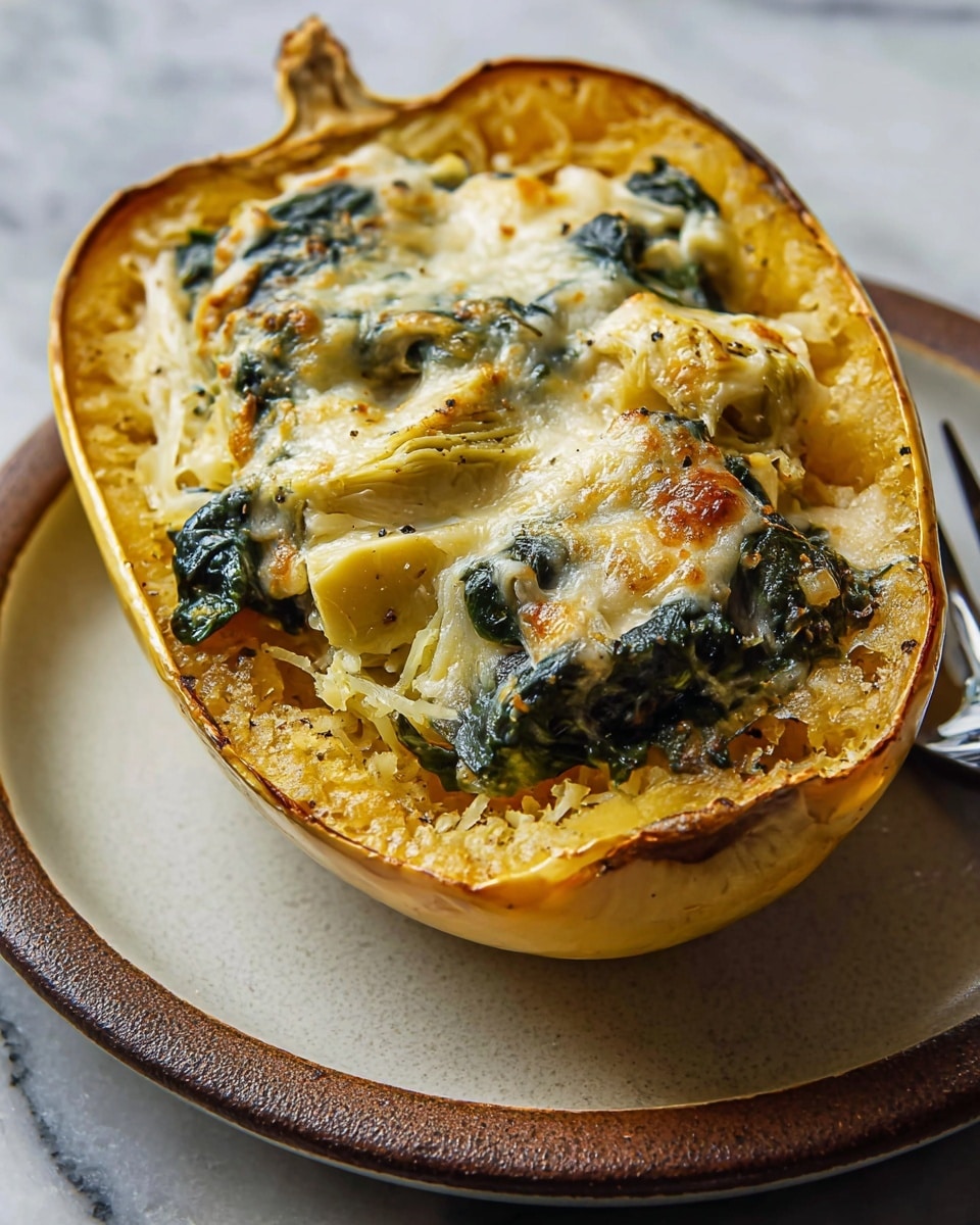 A baked dish served in a halved yellow spaghetti squash shell, filled with a creamy, light golden cheese sauce mixed with dark green leafy vegetables and chunks of pale yellow artichoke hearts, with the top slightly browned and bubbly. The squash sits on a round white plate with a brown rim, placed on a white marbled surface. A spoon is partially visible, scooping into the cheesy filling. Photo taken with an iphone --ar 4:5 --v 7