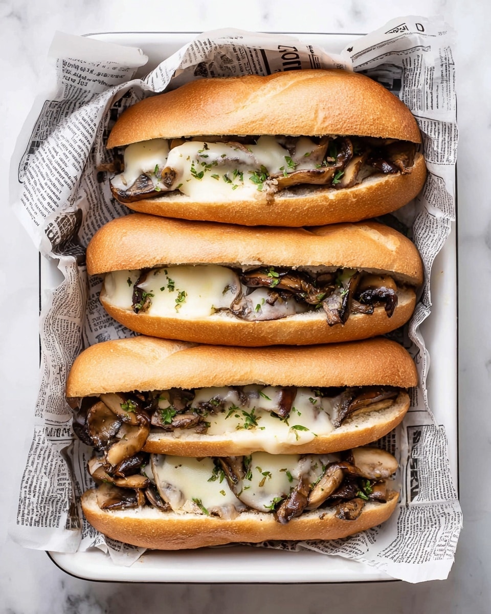 Four sandwiches are lined up inside a white tray with a black edge, which is lined with black and white newspaper-print paper. Each sandwich is made with a soft golden brown bun that is sliced open. Inside, there is a layer of cooked dark brown mushrooms and small bits of onions, topped with melted white cheese that partly covers the mushrooms. Small green herbs are sprinkled over the cheese and bun tops for garnish. The tray is placed on a white marbled surface. photo taken with an iphone --ar 4:5 --v 7