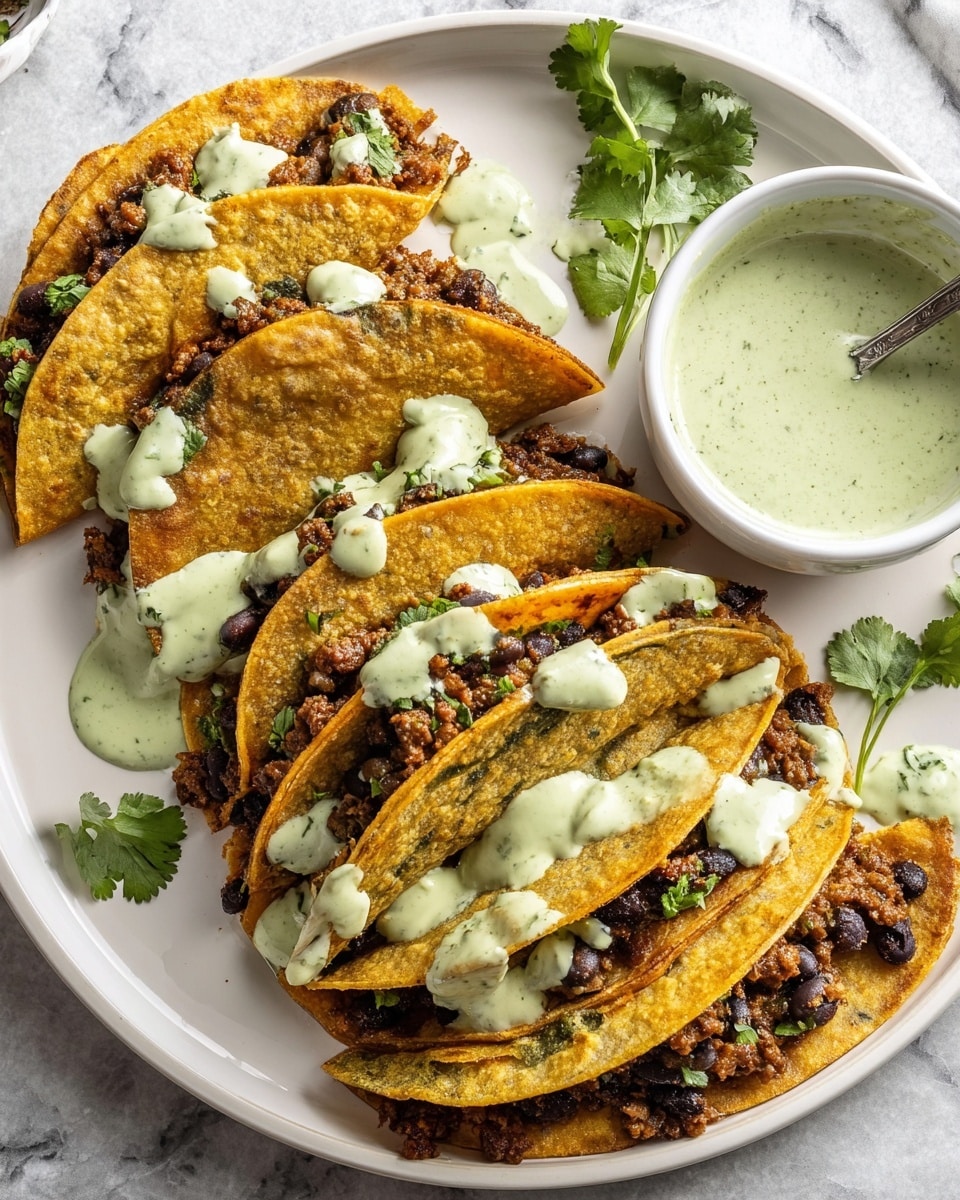 Five folded tacos are arranged closely on a large white plate on a white marbled surface. Each taco has two golden brown corn tortillas, with the filling made of browned ground meat and black beans slightly spilling out at the top edge. A creamy pale green sauce lightly coats parts of the tacos in dollops and streaks. Fresh green cilantro leaves garnish the plate around the tacos. On the right side of the plate, a white bowl contains more of the green sauce with a spoon resting inside. Photo taken with an iphone --ar 4:5 --v 7