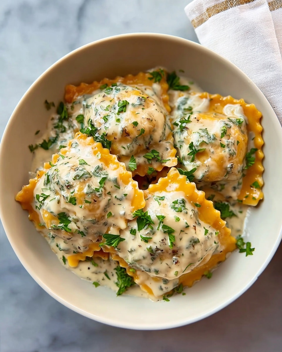 A close-up view of four large ravioli pieces in a white bowl, each ravioli is covered with a thick, creamy white sauce with visible green herb specks. The ravioli itself has a bright golden-yellow color and a soft, slightly ruffled edge texture. The sauce looks rich and smooth, generously coating the pasta, and is sprinkled with fresh chopped green herbs on top. The bowl sits on a white marbled surface with a white cloth partially visible in the background. photo taken with an iphone --ar 4:5 --v 7