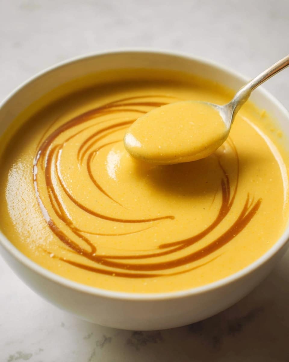 A close-up view of a white bowl filled with a smooth, creamy yellow soup that has a thick texture. On the surface of the soup, there is a swirl of darker brown sauce or oil, creating a spiral pattern. A spoon filled with the same yellow soup is placed in the bowl, slightly lifted above the surface, showing the soup's thickness and creamy consistency. The background is a white marbled texture. photo taken with an iphone --ar 4:5 --v 7
