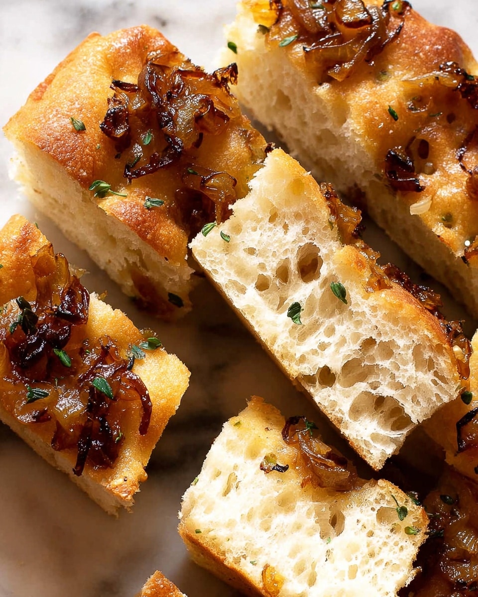 The image shows several pieces of focaccia bread cut into rectangles, arranged closely together on a white marbled surface. Each piece has a golden-brown crust on top with a rough texture, covered in small bits of caramelized onions and scattered green herbs. The bread’s inside is light and airy with a soft, open crumb structure visible in a pale cream color. The top layer is slightly glossy from oil, and you can see a thin crusty edge around the bread slices. Photo taken with an iphone --ar 4:5 --v 7