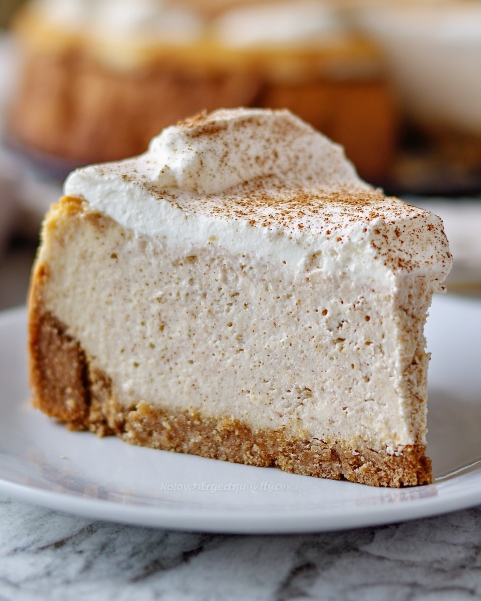 A close-up of a slice of cheesecake with three layers, sitting on a white plate on a white marbled surface. The bottom layer is a crumbly golden brown crust, the middle layer is a thick, dense and creamy beige cheesecake with tiny specks throughout, and the top layer is a smooth white whipped cream lightly dusted with cinnamon. The sides and top of the cheesecake show a slightly rough texture with a golden hint on the crust edges. Photo taken with an iphone --ar 4:5 --v 7