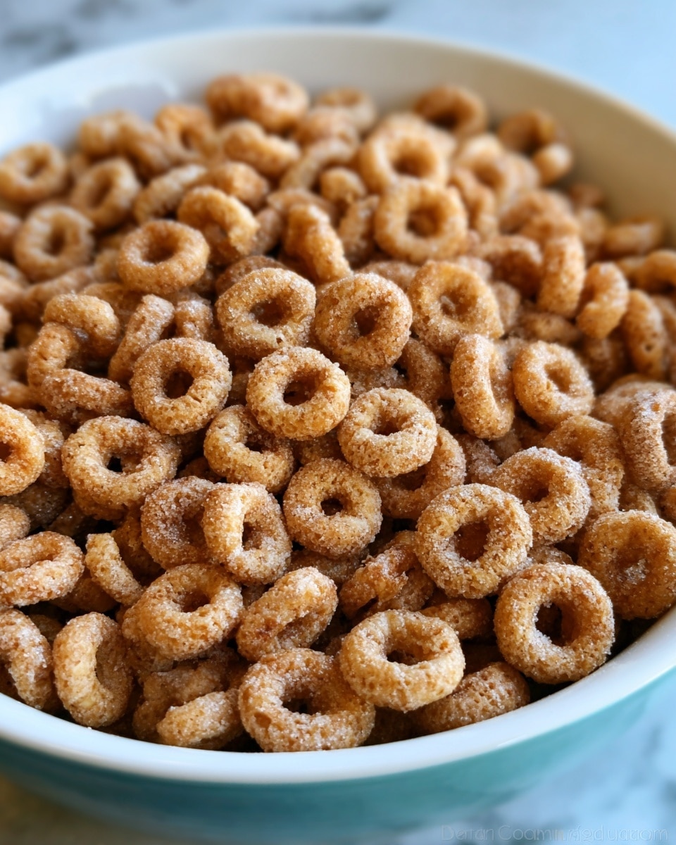 A close-up of a white bowl filled to the top with many small, round cereal pieces shaped like rings. The cereal has a golden brown color with a rough texture and a light coating of sugar crystals that sparkle under the light. The background shows a soft blur of a white marbled surface. photo taken with an iphone --ar 4:5 --v 7