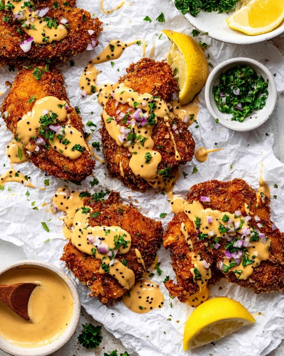 Four pieces of golden brown, crispy fried chicken are laid on white crumpled paper over a white marbled surface. Each piece is thickly breaded with a crunchy texture, topped with creamy light tan sauce drizzled unevenly, and sprinkled with small chopped purple onion and green parsley bits. Around the chicken, there are fresh green parsley leaves and bright yellow lemon wedges for garnish. A small white bowl of sauce sits at the side with a wooden spoon resting nearby, some sauce spilling onto the paper. The scene is bright and sharp, showing the crispiness and colors clearly. Photo taken with an iphone --ar 4:5 --v 7