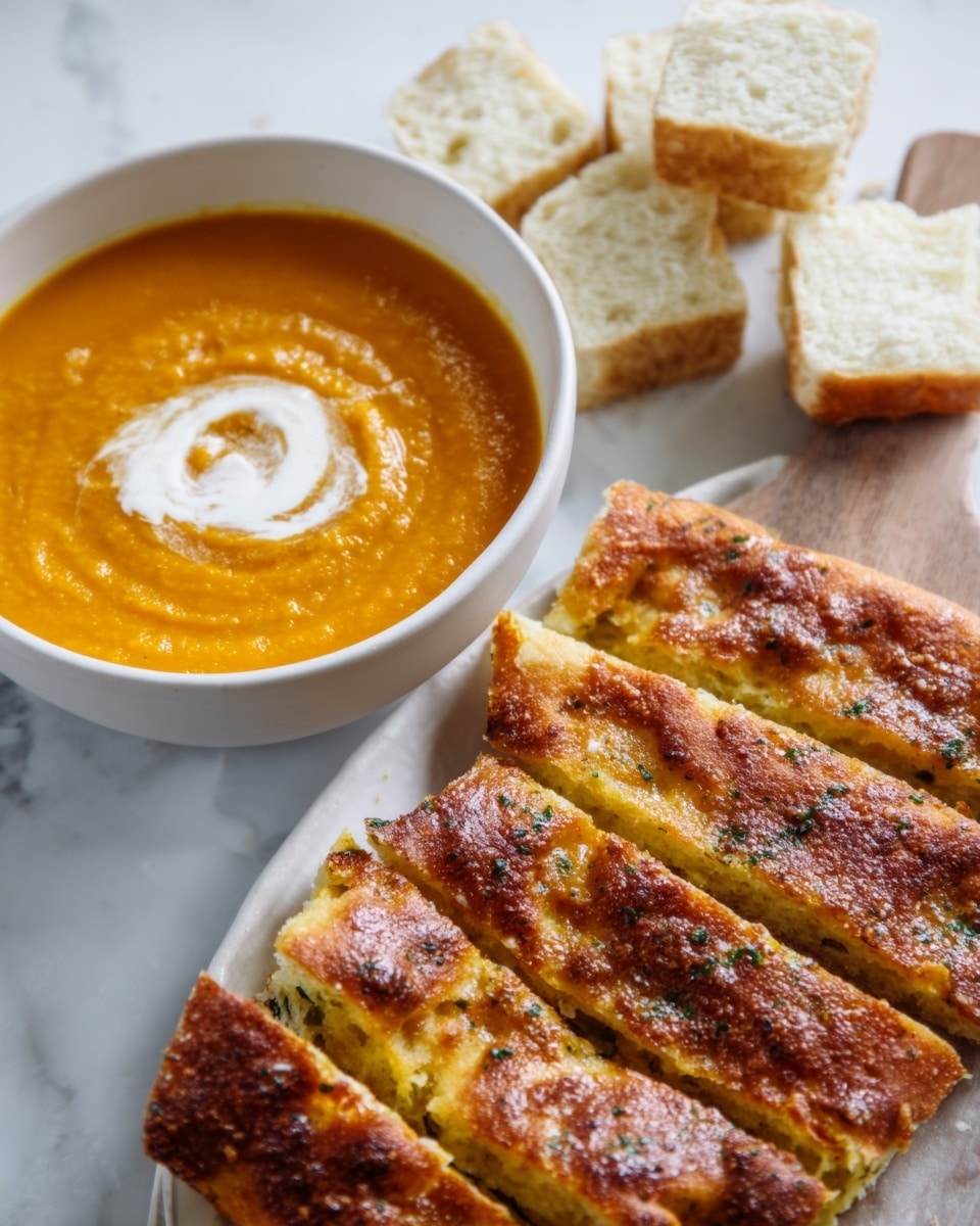 A white bowl filled with smooth orange soup, topped with a dollop of thick white cream in the middle. Next to the bowl are several square pieces of soft white bread, some leaning against the bowl. In the foreground, a white plate holds sliced golden-brown flatbread with a crispy, oily surface that shines with a sprinkling of herbs. The background shows a white marbled texture surface. photo taken with an iphone --ar 4:5 --v 7