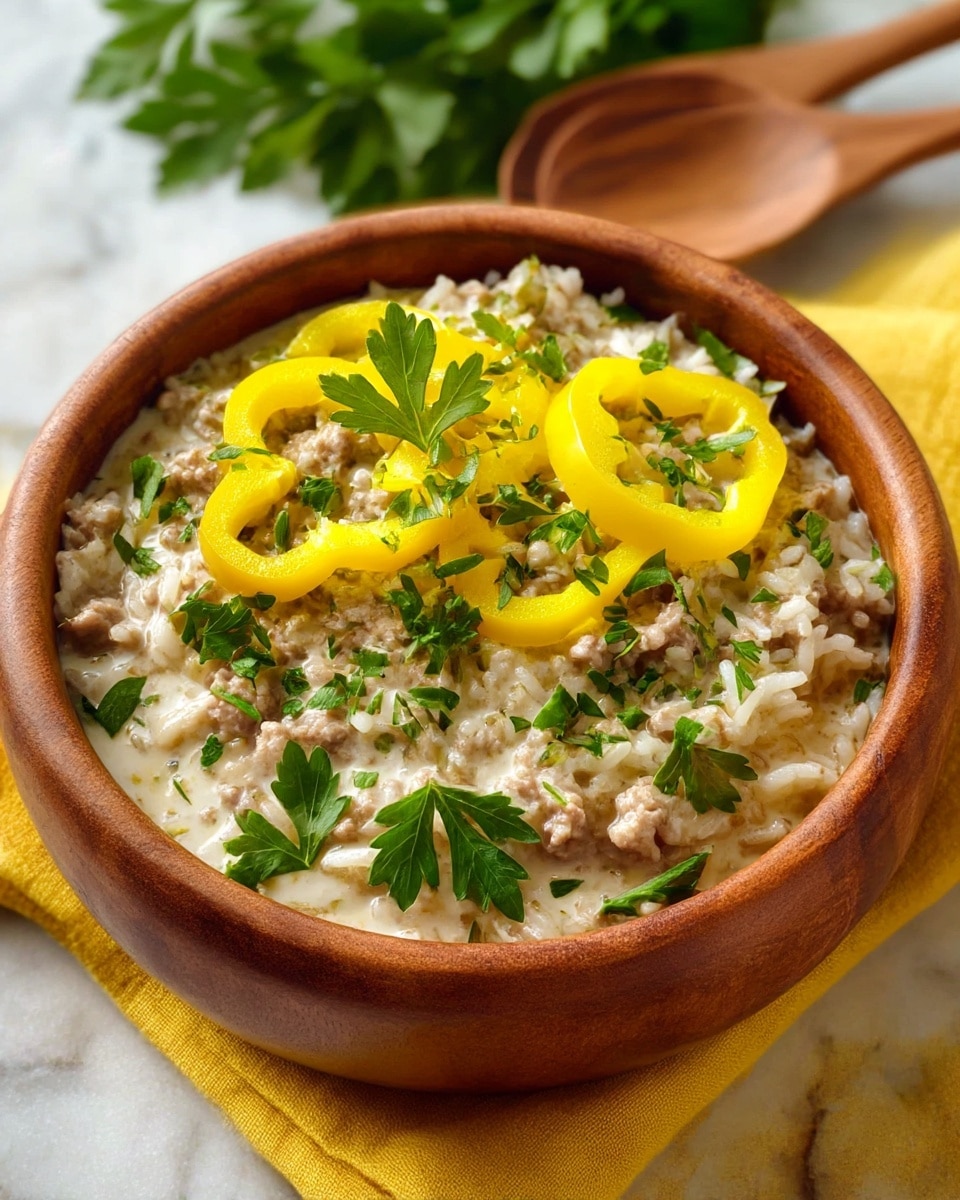 A wooden bowl filled with a creamy mixture showing three main layers: a base of creamy white sauce, a middle layer with beige cooked ground meat and white rice grains mixed together, and a top layer of bright yellow bell pepper rings and scattered fresh green parsley leaves. The bowl is placed on a yellow cloth over a white marbled surface, with a soft focus green leafy background and a wooden spoon partially visible behind the bowl. Photo taken with an iphone --ar 4:5 --v 7