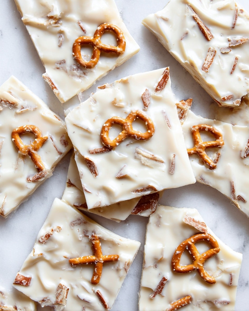 The image shows a close-up view of several pieces of white chocolate pretzel bark broken into irregular square and triangular shapes. Each piece has a creamy, pale white chocolate base studded with golden brown pretzel chunks and pieces inside and on top, adding a crunchy texture. The bark pieces are spread over a white marbled surface with soft natural light highlighting the smooth, glossy texture of the melted chocolate and the rough, salty pretzel bits embedded throughout. Photo taken with an iphone --ar 4:5 --v 7