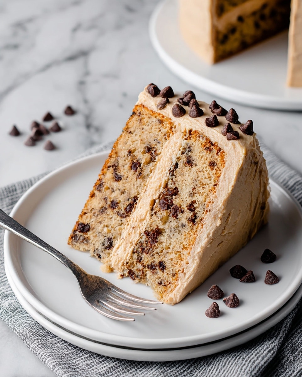 A slice of two-layer chocolate chip cake sits on a white plate, each layer a light brown cake filled with dark chocolate chips, giving a speckled texture. Between the layers is a thick layer of light tan frosting that also covers the top and sides smoothly. The top edge of the frosting on the cake has extra chocolate chips scattered, and a few chips rest on the white plate nearby. A silver fork lies next to the cake on the plate, which is placed on a white marbled surface with a gray and white striped cloth beneath. Photo taken with an iphone --ar 4:5 --v 7