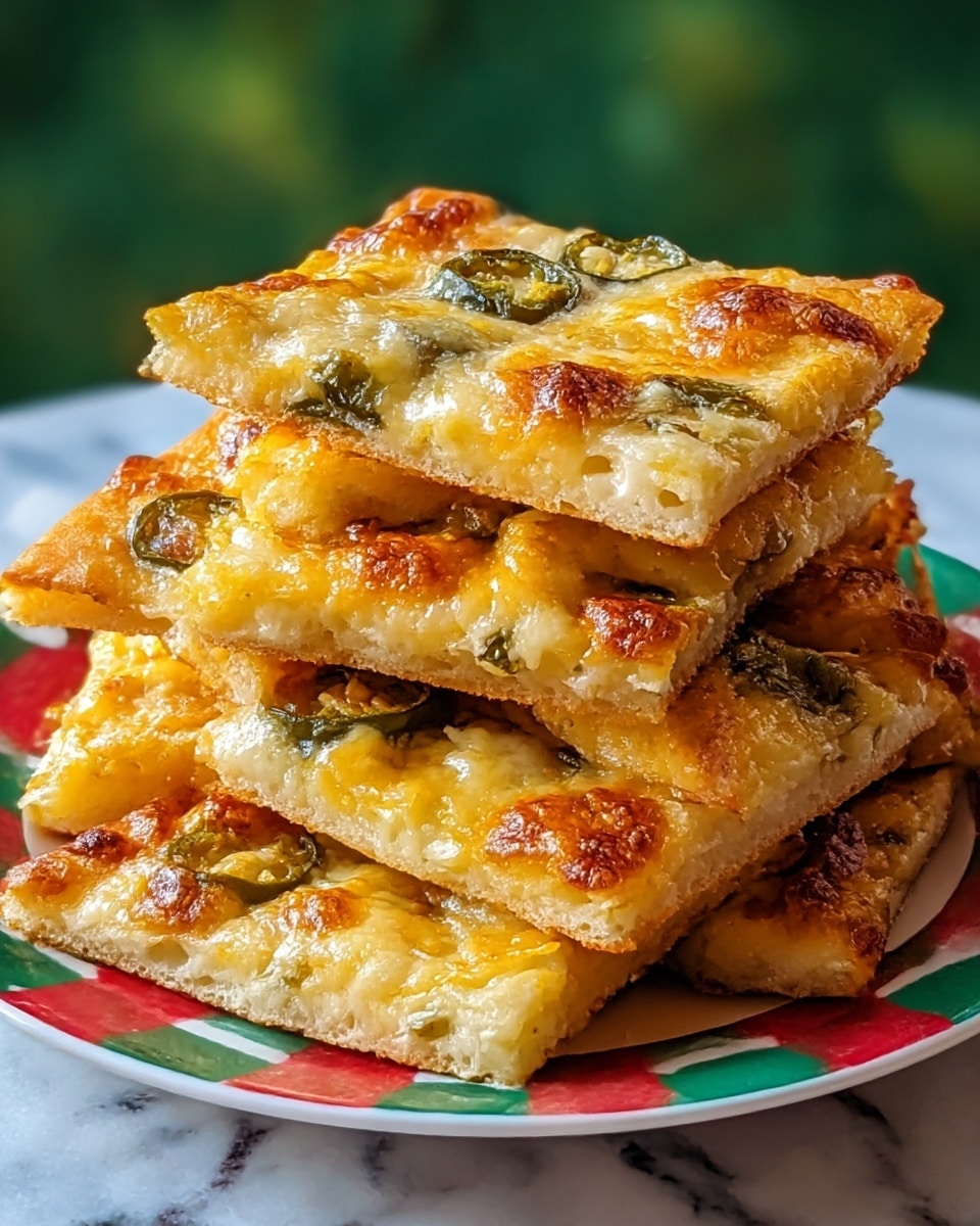 A stack of eight square slices of cheesy flatbread is arranged on a white plate with a colorful green, red, and white checkered pattern. Each slice has two visible layers: a golden-brown, thin, slightly crispy base and a thick, bubbly, melted cheese layer on top with browned spots and green jalapeño slices scattered throughout. The cheese layer looks gooey and soft with a few browned, crispy edges. The plate sits on a white marbled surface, with a blurred green background behind it. photo taken with an iphone --ar 4:5 --v 7