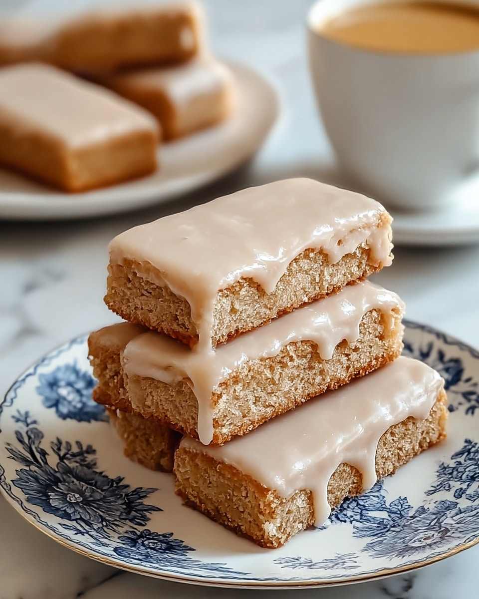 Four rectangular cake bars are stacked on a white plate decorated with a blue floral pattern, each bar has a thick, smooth layer of light beige icing that slightly drips down the edges. The cake bars are light brown with a soft, crumbly texture visible on the sides. In the background, there is another white plate with more similar cake bars, slightly blurred, and a white cup filled with light brown coffee or tea, all set on a white marbled surface. photo taken with an iphone --ar 4:5 --v 7
