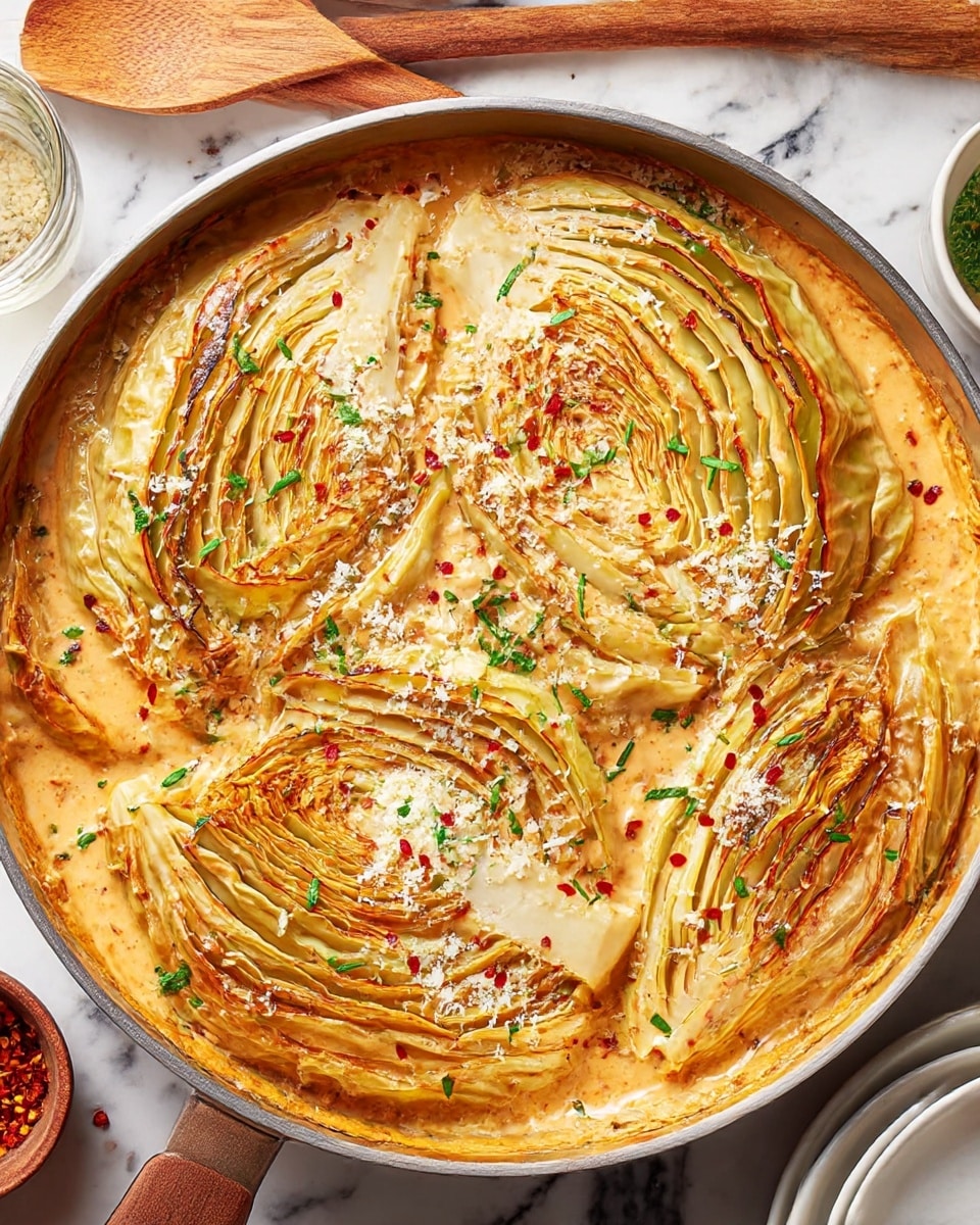 A round black pan holds a dish composed of a large cabbage cut into four thick wedge pieces. Each wedge shows many light green and white layers of cabbage, grilled and softened with a golden-brown char on some edges. The cabbage pieces are covered with a creamy, light brown sauce that fills the pan at the bottom, looking smooth and rich. The sauce has bits of grated cheese sprinkled all over, adding texture with thin, white strands. Small red chili flakes and fresh green parsley leaves are scattered on top, giving splashes of bright red and green in contrast to the creamy and charred cabbage. The pan sits on a white marbled surface. photo taken with an iphone --ar 4:5 --v 7