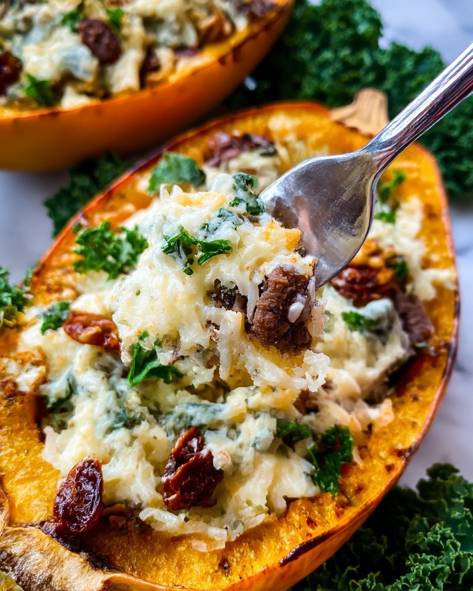 A white plate holds two halves of roasted spaghetti squash filled with layered ingredients. The base layer is the golden-orange roasted spaghetti squash shell with soft, stringy yellowish squash flesh filling the cavity. On top of this are small chunks of browned beef scattered throughout. Sun-dried tomato strips add reddish-brown highlights while creamy white cheese covers parts of the filling, melting slightly with some blue cheese crumbles mixed in. Green spinach leaves or herbs dot the filling, with a fresh parsley leaf placed on top. A silver fork lifts a generous scoop showing the mix of squash, meat, cheese, and greens. Around the plate, fresh kale adds a vibrant green contrast against a white marbled surface. Photo taken with an iphone --ar 4:5 --v 7