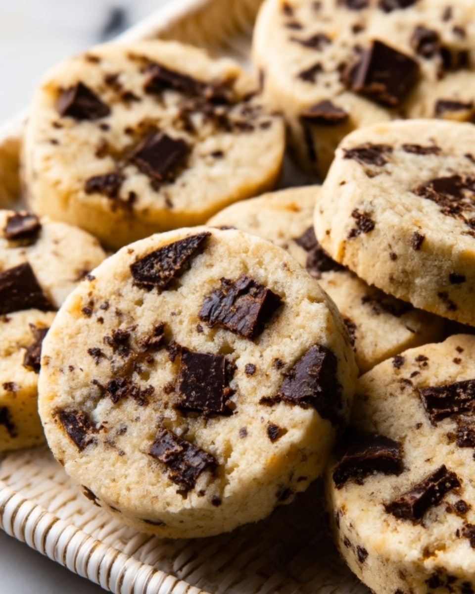 The image shows several round, thick cookies or biscuits with a light beige dough that has many small dark chocolate chunks mixed inside. Each cookie is roughly the same size, layered closely together on a black tray with a braided edge. The cookies have a slightly rough surface with uneven chocolate pieces giving them texture and color contrast. The background surface is white marbled. Photo taken with an iphone --ar 4:5 --v 7