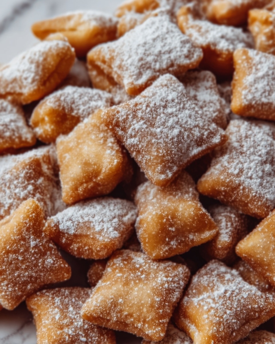 The image shows a close-up of many small, square-shaped fried pastries piled together. Each pastry has a golden brown color with a slightly bumpy texture and is lightly dusted with white powdered sugar. The focus is sharp on the pastries in the center, showing their crispy and flaky surface. The background is a white marbled texture, making the golden pastries stand out. Photo taken with an iphone --ar 4:5 --v 7