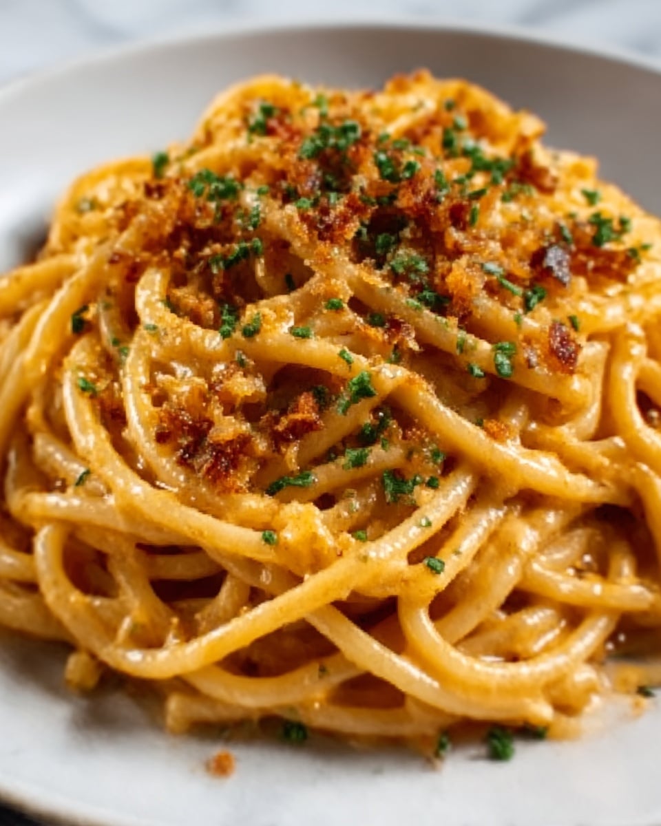 The image shows a close-up of a plate with creamy spaghetti. The pasta strands are thickly covered in a light orange sauce with small bits of herbs sprinkled on top, giving a fresh green contrast. The sauce looks smooth and slightly glossy, with some browned crumbs adding texture scattered over the pasta. The plate is white and placed on a white marbled surface. photo taken with an iphone --ar 4:5 --v 7