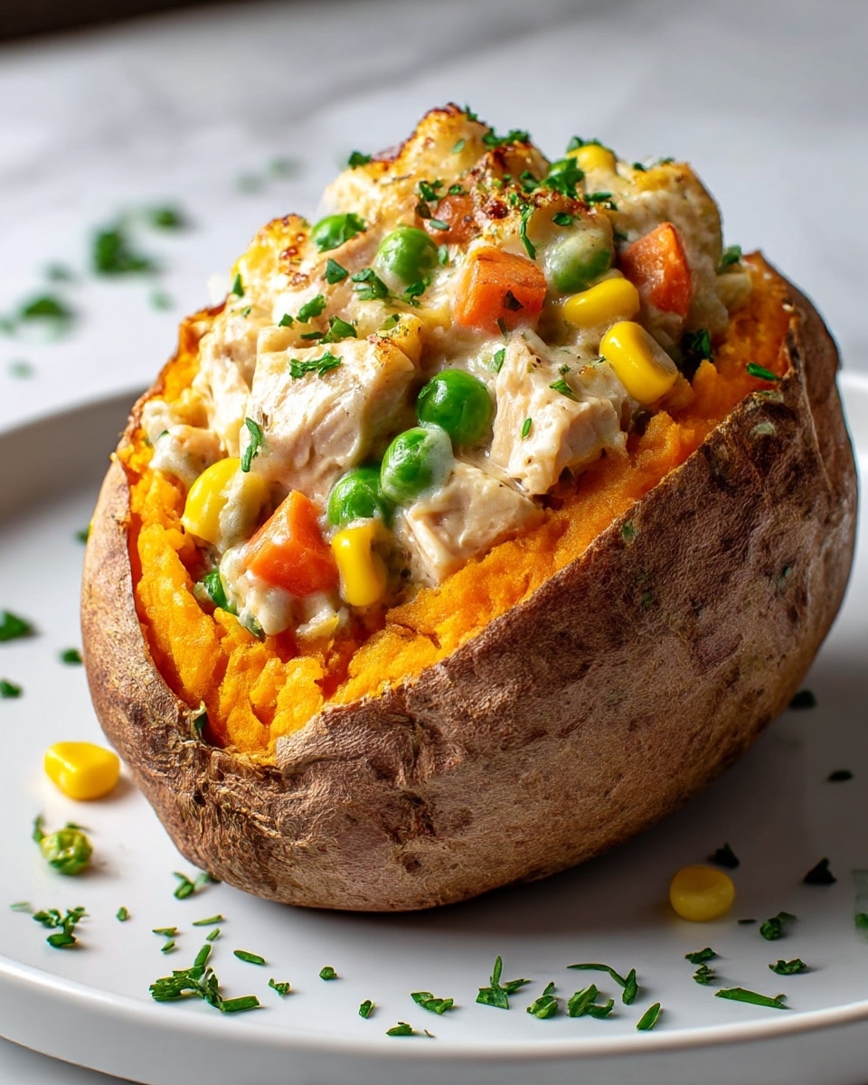 A baked sweet potato cut in half acts as the base layer with its rough brown skin and soft orange flesh inside. On top is a thick creamy mixture filled with chunks of white chicken, bright green peas, yellow corn, and orange carrot pieces, all coated in a pale sauce with a slightly browned top. Small green herb pieces are sprinkled over the filling and around the white plate beneath the potato. The dish is set on a white marbled surface with soft lighting highlighting the textures and colors. Photo taken with an iphone --ar 4:5 --v 7