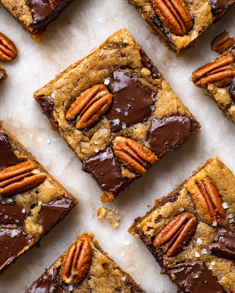 The image shows several square cookie bars on a white marbled surface. Each bar has a golden-brown base with visible chunks of melted dark chocolate and whole pecans scattered on top, with a slightly rough texture. The pecans add a rich brown color and a crunchy look, placed unevenly on the surface. The bars have a crisp edge with a soft, chewy middle. Photo taken with an iphone --ar 4:5 --v 7