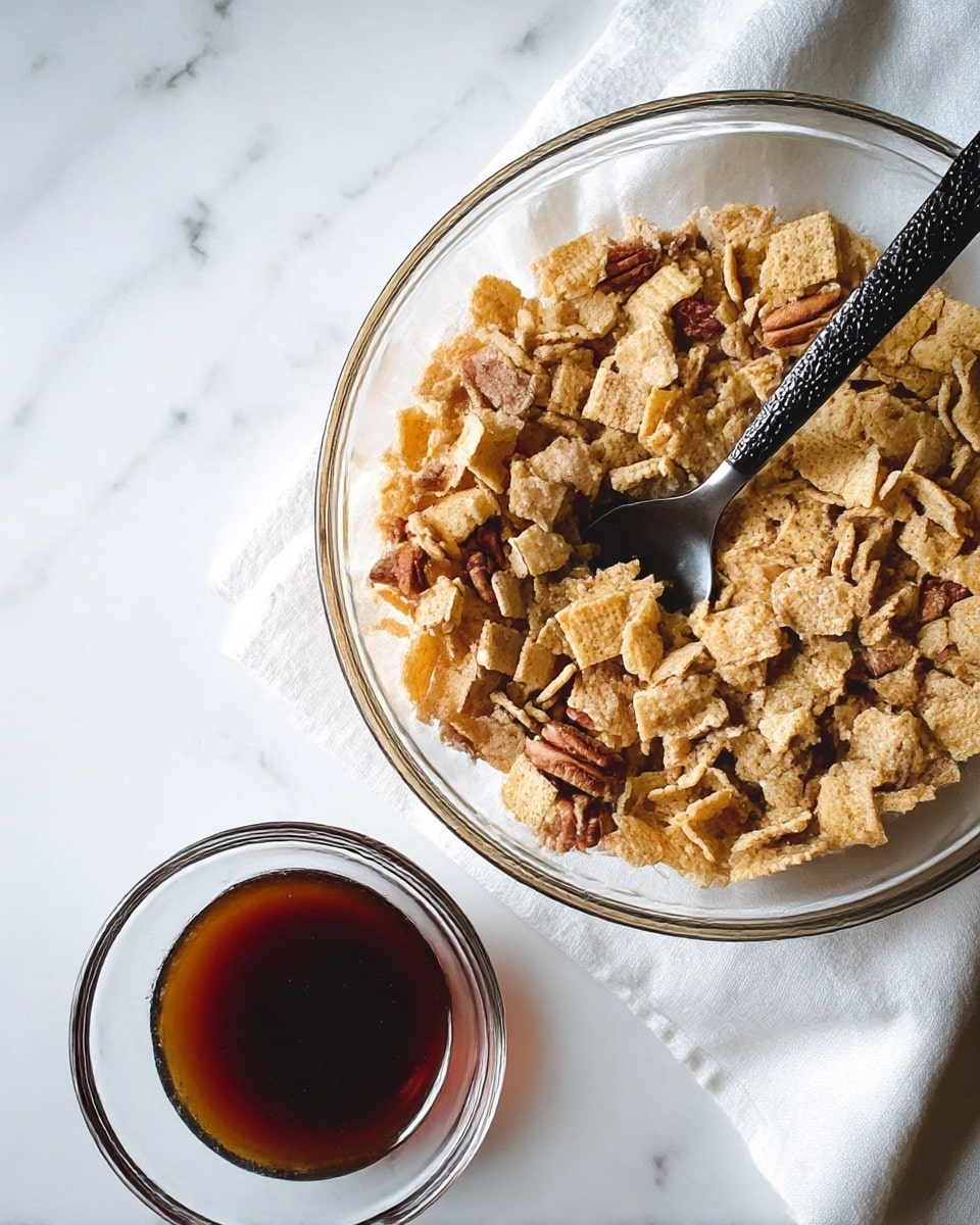 A large clear glass bowl is filled with a mix of small square cereal pieces in light beige and brown shades, along with some pecan halves scattered throughout the top layer, showing a mix of smooth and rough textures; a black spoon rests inside the bowl, angled across the cereal. Next to the bowl, a smaller clear glass container holds a dark reddish-brown liquid, both placed on a white marbled surface with soft fabric partially seen in the top left corner. photo taken with an iphone --ar 4:5 --v 7