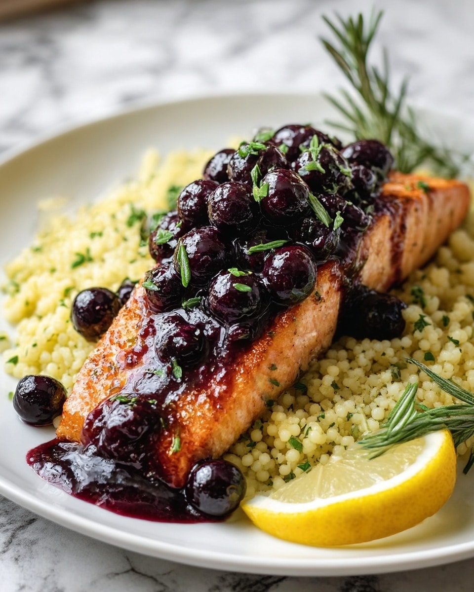 A thick, grilled salmon fillet with a golden-brown crust sits in the center of a white plate. It is topped with a glossy dark purple-blueberry sauce that drips slightly down the sides, with whole blueberries and tiny green herb sprigs scattered on top. Beneath the salmon is a bed of light yellow couscous mixed with small green herb pieces, arranged in a loose circular shape. To the side of the couscous is a bright yellow lemon wedge garnished with a small green rosemary sprig. The plate rests on a white marbled surface with blurred lemons and greenery in the background. photo taken with an iphone --ar 4:5 --v 7