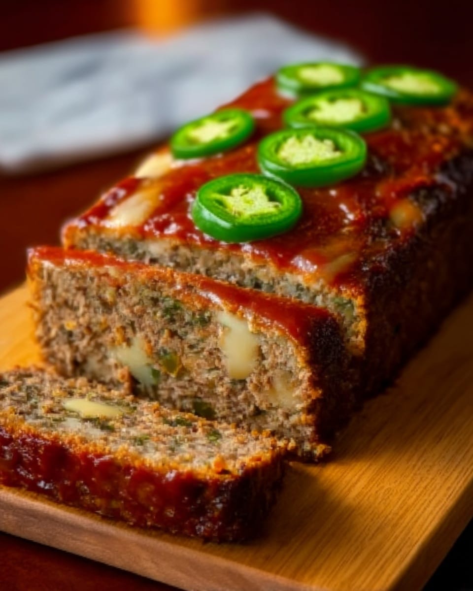 The image shows a rectangular meatloaf on a wooden board, sliced to reveal a moist, dense brown inside mixed with bits of vegetables and spices. On top, there's a layer of smooth, reddish-brown sauce spread evenly, with thin, vibrant green jalapeño slices placed in a single row along the length. The meatloaf contrasts against the warm, soft lighting, with a white marbled surface in the background. Photo taken with an iphone --ar 4:5 --v 7