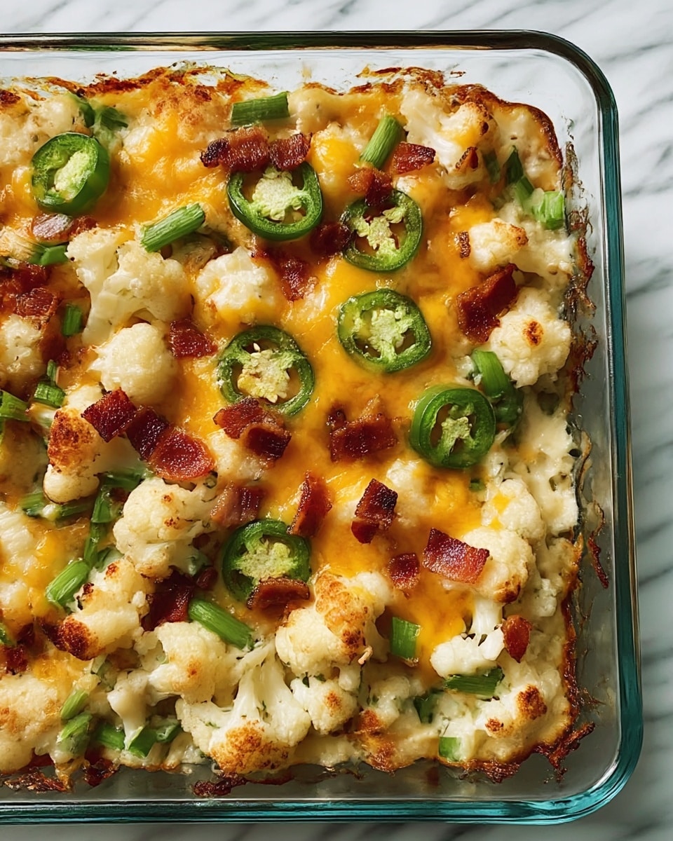 The image shows a close-up of a baked dish in a clear glass square baking pan filled mostly with cauliflower pieces that are white and slightly browned on the edges. Scattered among the cauliflower are slices of green jalapeños and small, crisp dark brown bacon bits. The top has melted, golden yellow cheddar cheese draped unevenly over the cauliflower and jalapeños, giving a creamy look. The edges of the pan show some browned and crispy spots where the cheese and vegetables touched the sides. The pan rests on a white marbled surface. photo taken with an iphone --ar 4:5 --v 7