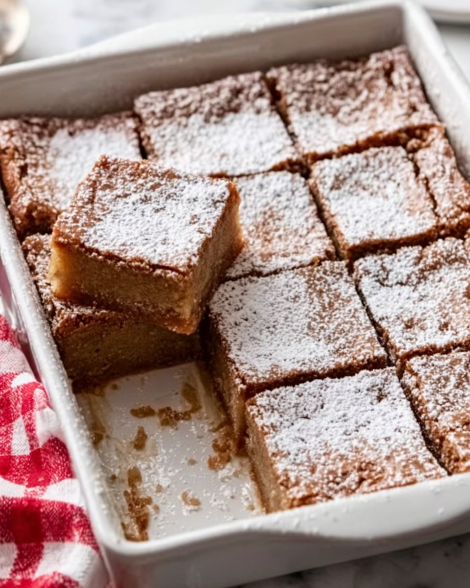 A white square dish filled with nine square brownies, each with a cracked shiny top and a soft, fudgy texture. One brownie is lifted slightly above the others, showing its thick, dense interior with a light sprinkle of powdered sugar dusted evenly over all pieces. The dish sits on a white marbled surface with a red and white cloth partially visible at the corner. A fork is placed beside the dish, and a woman's hand is gently lifting the top brownie. The photo taken with an iphone --ar 4:5 --v 7