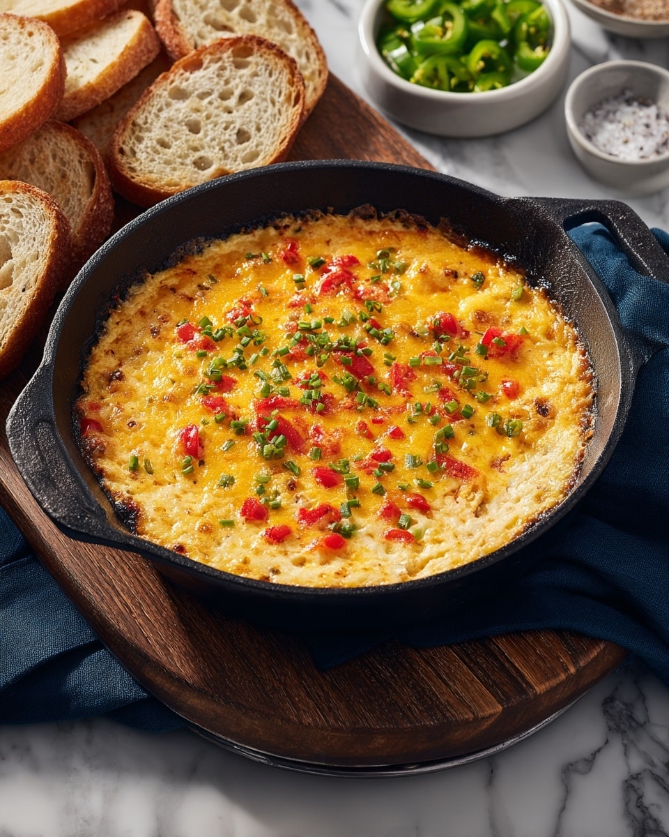 A black cast iron skillet holds a hot, cheesy dip with a rich golden-yellow melted cheese layer dotted with small, bright red pepper pieces and sprinkled with chopped green onions. The smooth cheese layer is lightly browned and bubbly, giving it a slightly crispy texture on top. The base underneath the cheese appears creamy and soft, showing a mix of white and light yellow creamy layers. The skillet sits on a wooden serving board placed over a dark blue cloth, all set on a white marbled textured surface. Around the skillet are slices of toasted crusty bread with a light golden-brown crust and soft pale inside. In the background, a small white bowl contains chopped green peppers and coarse salt. photo taken with an iphone --ar 4:5 --v 7