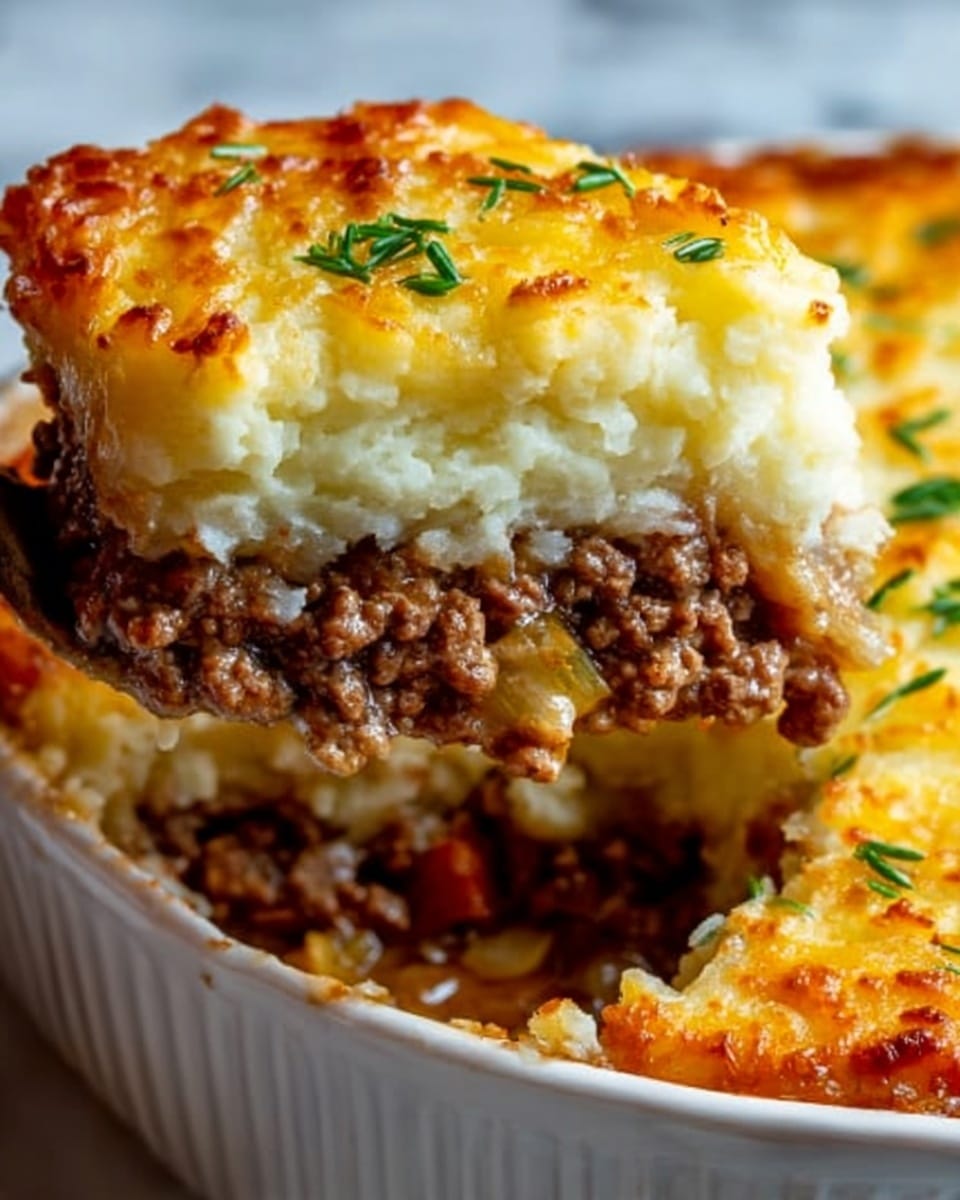 The image shows a close-up of a slice being lifted from a white dish of shepherd's pie. The dish has three visible layers: a bottom layer of browned, soft ground beef mixed with small pieces of vegetables in a rich, dark brown sauce; a middle layer of smooth, creamy mashed potatoes with a slightly golden top; and a top layer of melted, lightly browned cheese with small green herb pieces sprinkled on top. The white marbled surface beneath the dish is visible in soft focus. Photo taken with an iphone --ar 4:5 --v 7