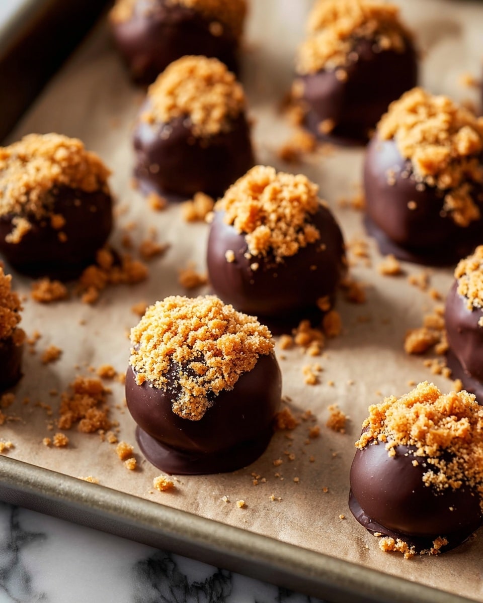 The image shows several round chocolate-covered dessert balls on a baking tray lined with parchment paper. Each ball has a smooth, shiny dark chocolate layer as the base, topped with a crumbly, light brown crunchy layer that looks like crushed cookies or streusel. The balls are arranged in rows, with some crumbs scattered on the parchment paper around them. The tray is shown at an angle on a white marbled surface, highlighting the detailed texture of the chocolate and crumb topping. photo taken with an iphone --ar 4:5 --v 7