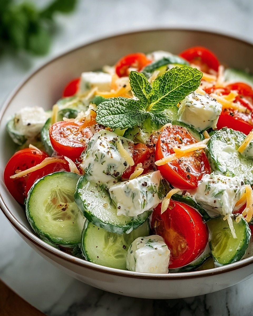 A white bowl filled with a fresh salad featuring a bottom layer of thin cucumber slices with a light green interior and dark green edges, topped by cut cherry tomatoes halved showing their bright red flesh and seeds, and cubes of white cheese mixed with a creamy white dressing speckled with green herbs. Shredded light yellow cheese pieces and a sprinkle of black pepper add texture. The salad is garnished with a small fresh mint leaf cluster on top, all set on a white marbled surface. photo taken with an iphone --ar 4:5 --v 7