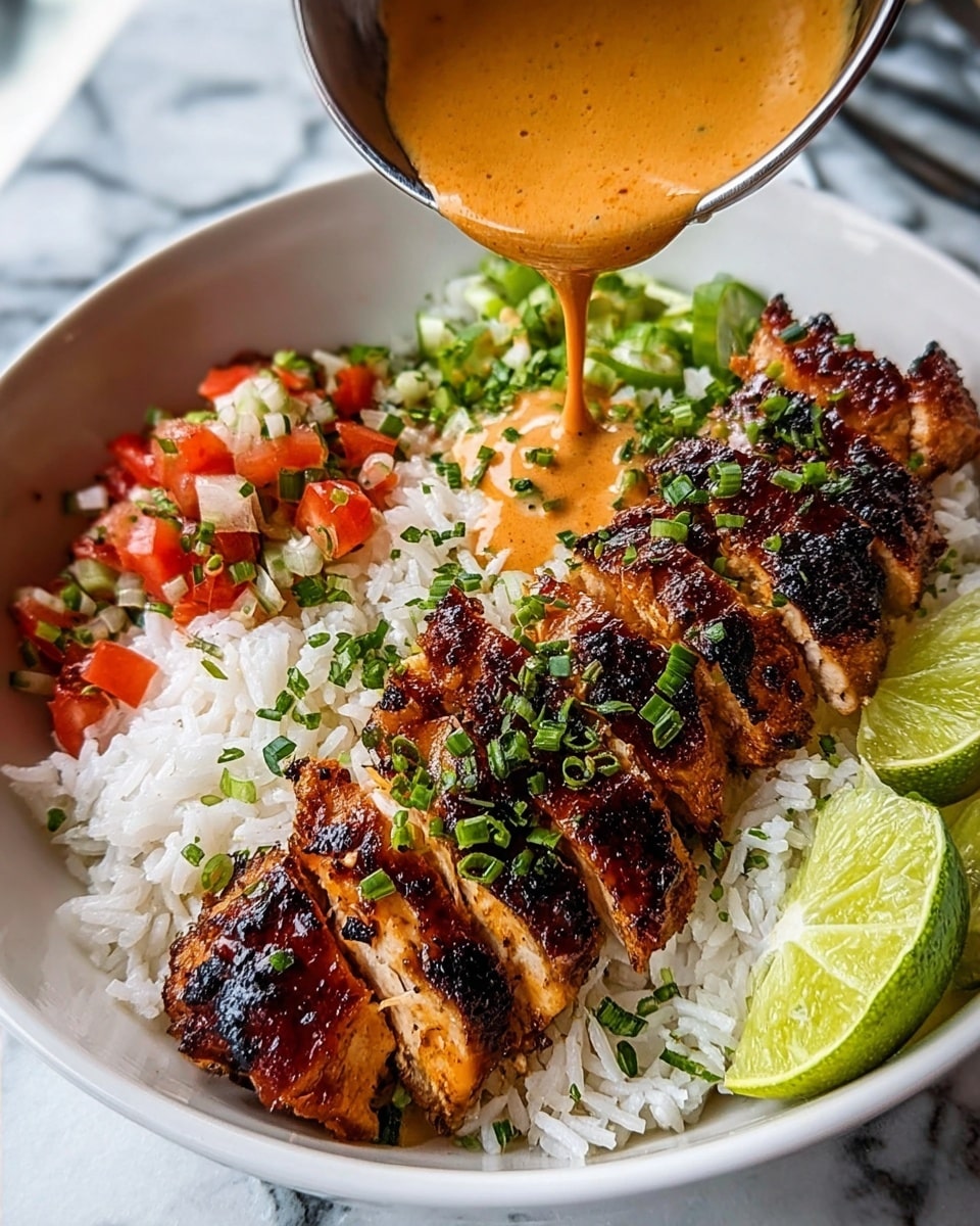 In a white bowl, there is a base layer of fluffy white rice. On top of the rice, there are slices of grilled chicken with a dark, caramelized glaze arranged neatly in a row. Small, chopped green herbs are sprinkled over the chicken and rice. To one side, there is a portion of diced tomato and green onion salsa. Two green lime wedges are placed on opposite sides of the bowl. A small metal cup with a creamy orange sauce, speckled with herbs, is being poured over the chicken. The bowl is placed on a white marbled surface. Photo taken with an iphone --ar 4:5 --v 7