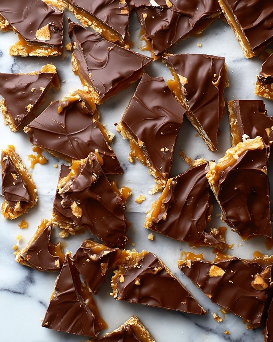 The image shows many irregular pieces of a sweet treat spread out on white parchment paper over a white marbled surface. Each piece has two thick layers: a bottom layer of golden caramel mixed with small bits of nuts, giving a rough, chunky texture, and a smooth, glossy dark brown top layer of chocolate with soft swirls. The pieces vary in size and shape, some larger triangles and rectangles, while others are smaller, broken shards, scattered casually with some caramel slightly oozing out. Photo taken with an iphone --ar 4:5 --v 7
