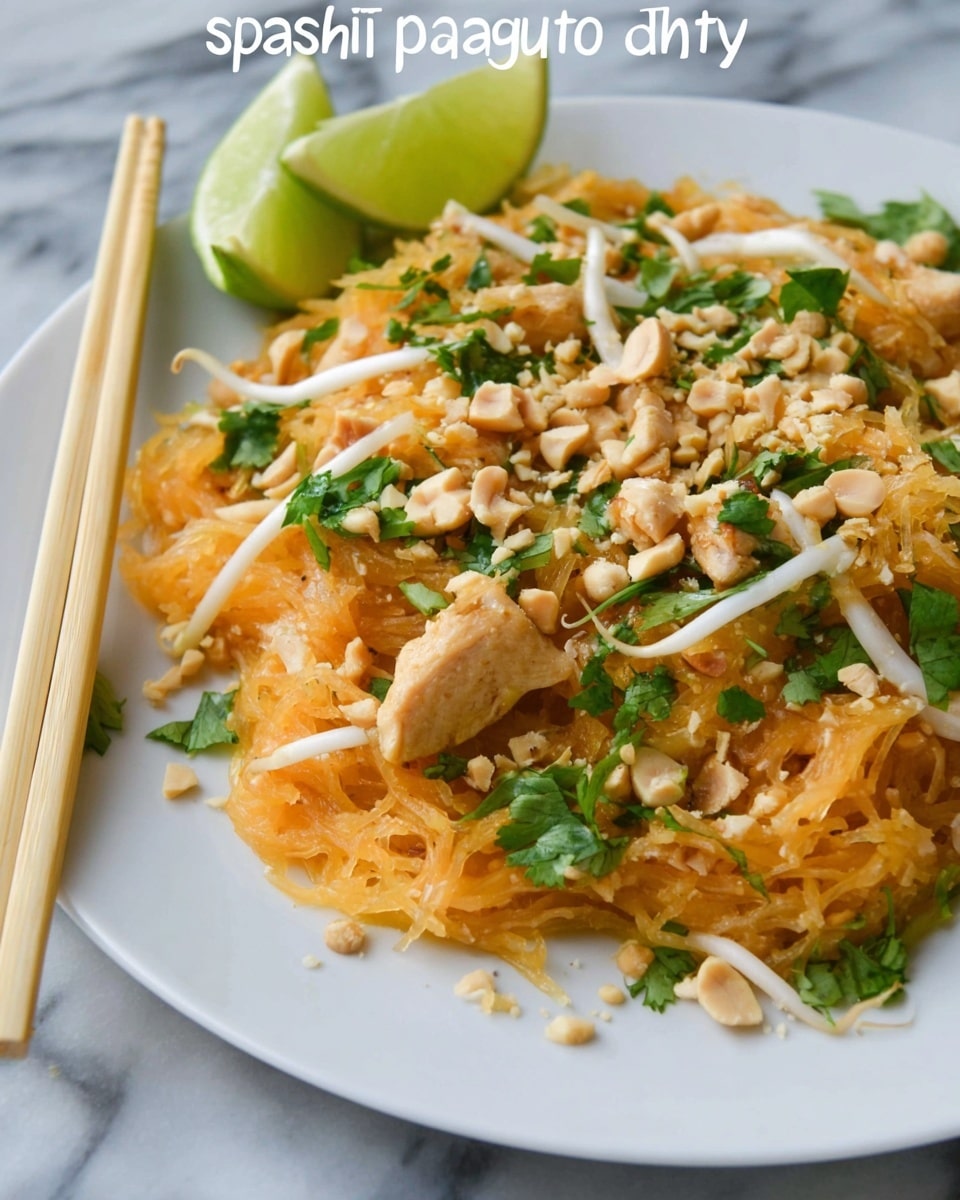 A close-up view of a plate with spaghetti squash pad thai. The bottom layer is spaghetti squash strands in a light orange color mixed with some light brown cooked chicken pieces. On top, there are white bean sprouts scattered around and small chopped peanuts sprinkled over everything. Bright green cilantro leaves are spread over the top, adding fresh color. Two lime slices sit on the side of the dish. A pair of light wood chopsticks rest on the white plate’s edge. The plate is set on a white marbled surface. Photo taken with an iphone --ar 4:5 --v 7