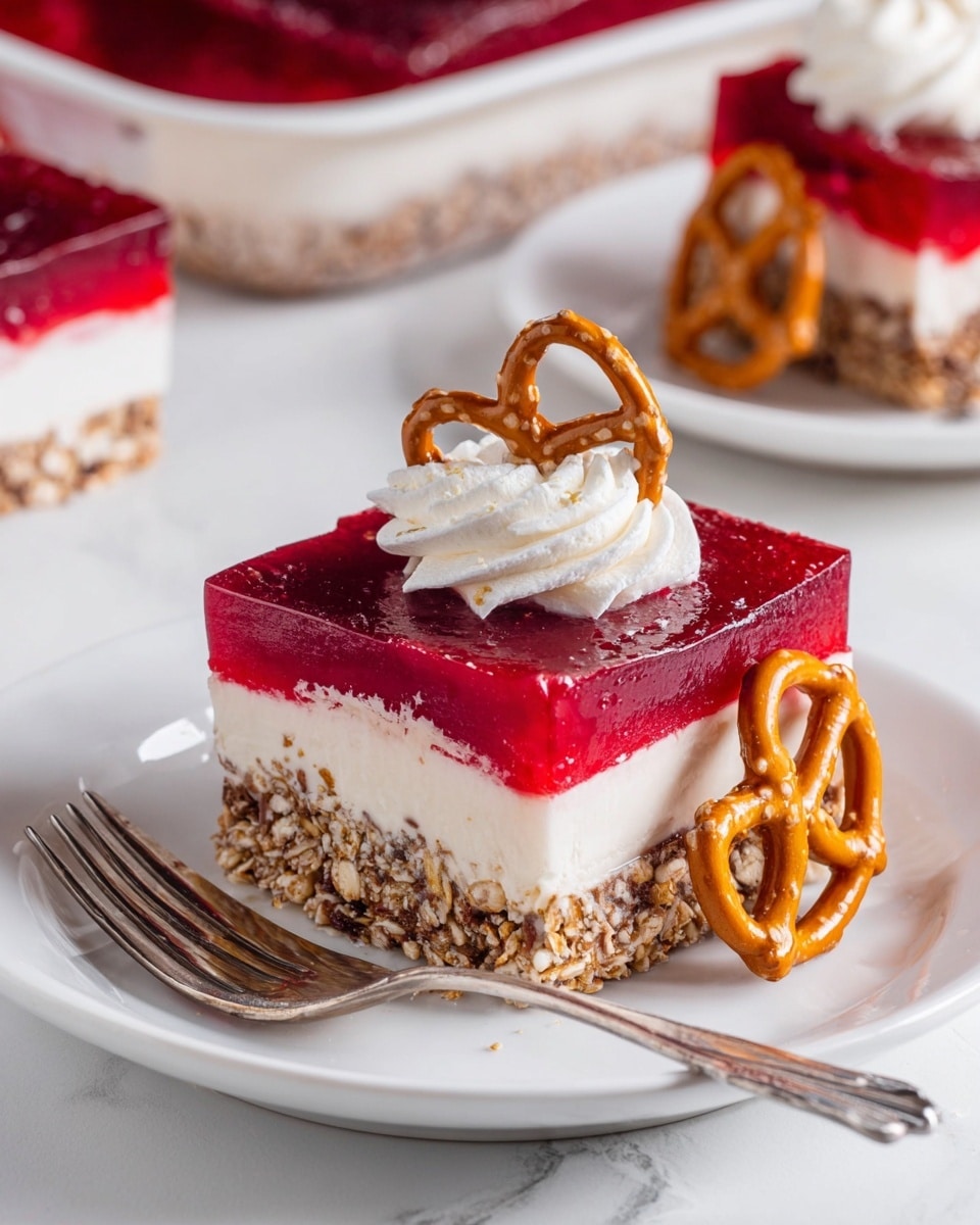 A square dessert is shown on a white plate with a silver fork beside it, resting on a white marbled surface. The dessert has three layers: a bottom crunchy layer with a mix of nuts and oats in light brown, a thick middle creamy white layer, and a top smooth, glossy deep red jelly layer. On top of the jelly is a dollop of white whipped cream, decorated with a light brown pretzel. Another pretzel leans against the side of the dessert on the plate. In the background, there is another white plate with another piece of the same dessert and some whipped cream, and part of the bigger dessert dish with the same layers is visible. Photo taken with an iphone --ar 4:5 --v 7