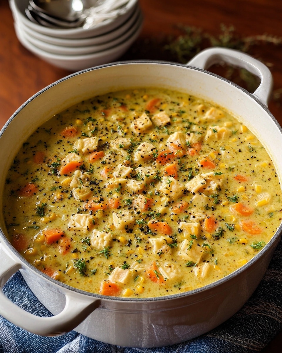 A large white pot filled with creamy, thick soup that is pale yellow in color with visible chunks of orange carrots, white cauliflower pieces, and small bits of green herbs sprinkled on top. The soup surface is slightly textured with a few bubbles and a dusting of black pepper. The pot is sitting on a folded blue patterned cloth on a white marbled surface. In the background, there is a stack of four white bowls with four silver spoons resting inside the top bowl. Photo taken with an iphone --ar 4:5 --v 7