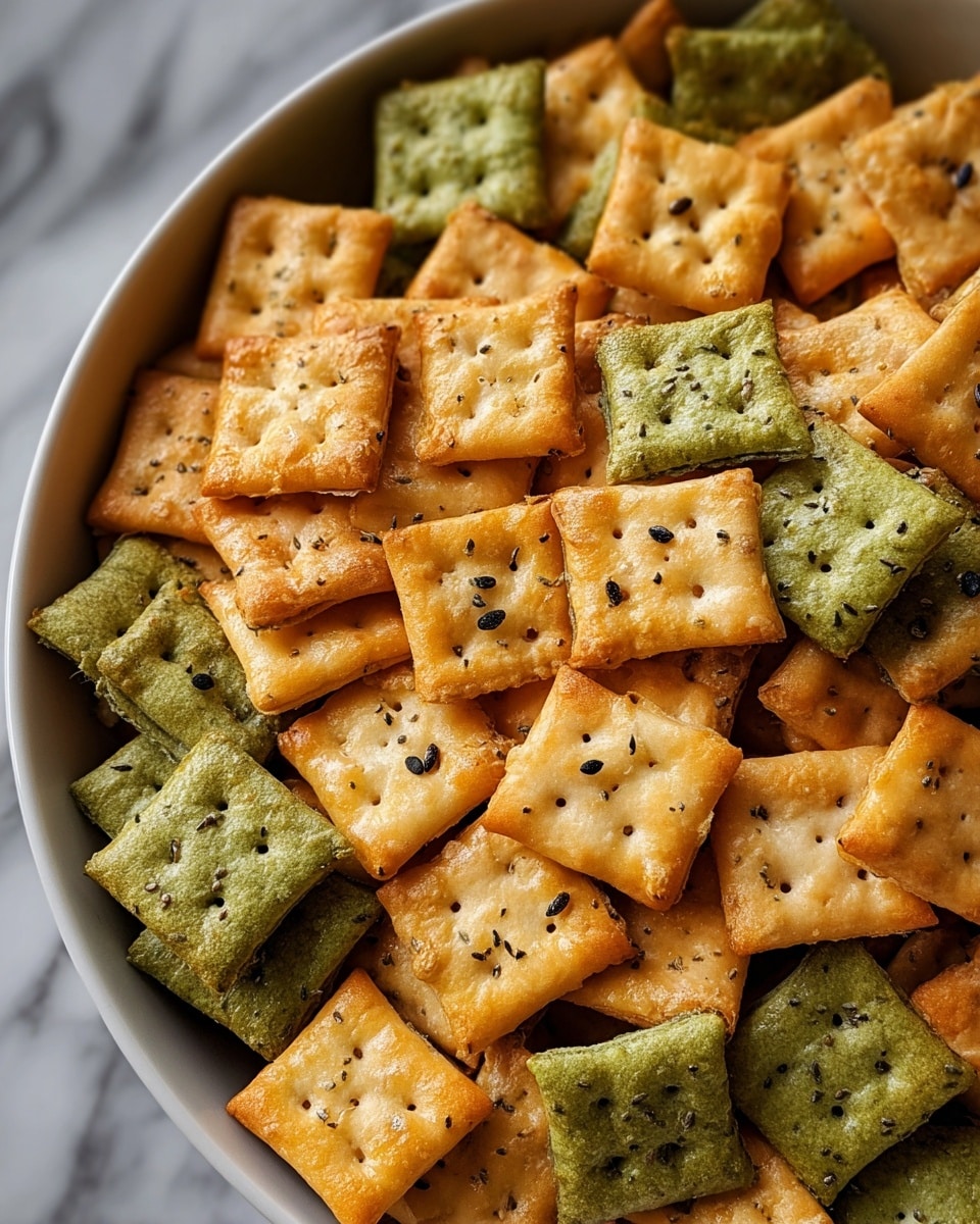 A close-up view of a bowl filled with small square crackers in two colors: light brown and green. Each cracker has tiny holes and scattered black sesame seeds on top, with a slightly crispy texture visible. The crackers are piled thickly, with green crackers mostly at the bottom and light brown ones more spread out on top. The bowl is white, sitting on a white marbled surface. The image is bright and sharp, showing the details of each cracker's surface and edges. photo taken with an iphone --ar 4:5 --v 7
