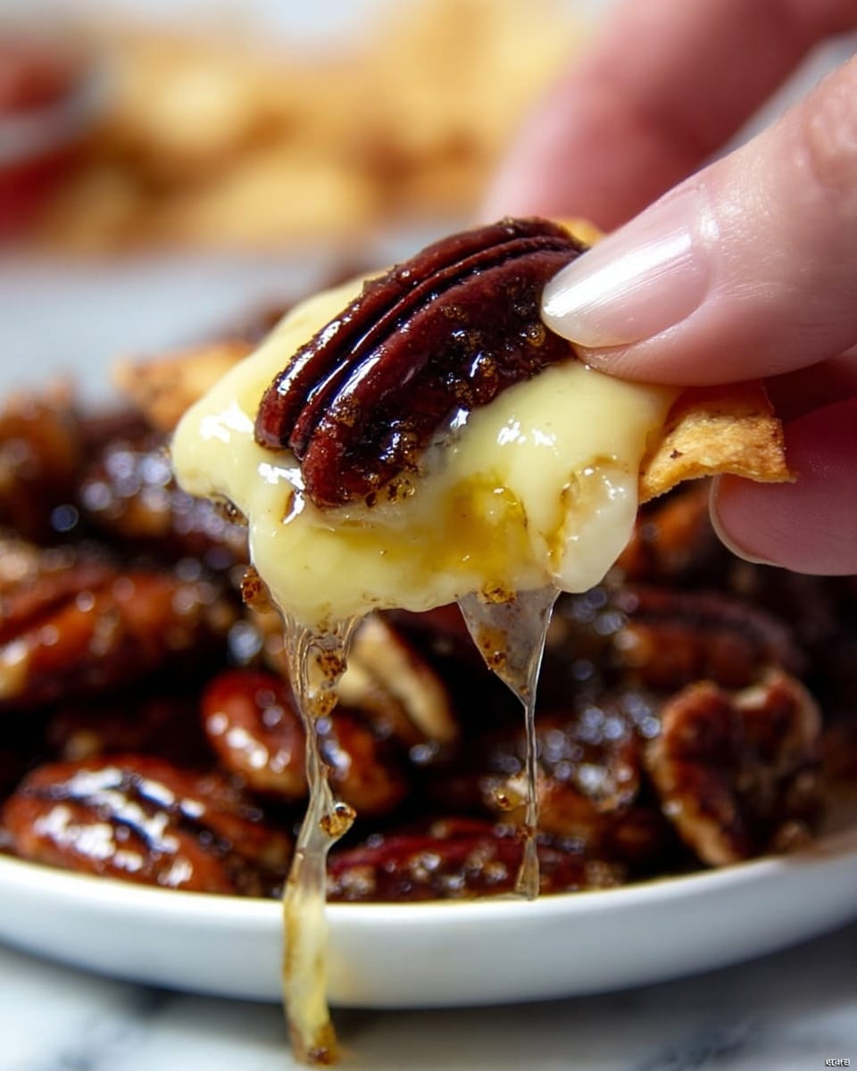 A close-up image shows a woman's hand holding a tortilla chip topped with melted golden cheese and a glossy, dark brown pecan. Thin strands of shiny melted cheese stretch from the chip to a dish below, which holds more pecans and melted cheese. The warm cheese has a smooth, creamy texture, while the pecans have a shiny, slightly sticky glaze. The background is a white marbled texture. photo taken with an iphone --ar 4:5 --v 7