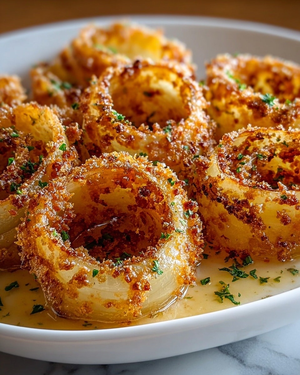 A close-up of golden brown fried onion rings arranged on a white dish, each ring showing multiple layers of translucent onion with crispy, textured, browned edges. The rings are evenly coated with a crunchy, bubbled crust and sprinkled with small pieces of green parsley, while a light sauce pools gently around the base of the rings. The dish is set against a white marbled background. photo taken with an iphone --ar 4:5 --v 7