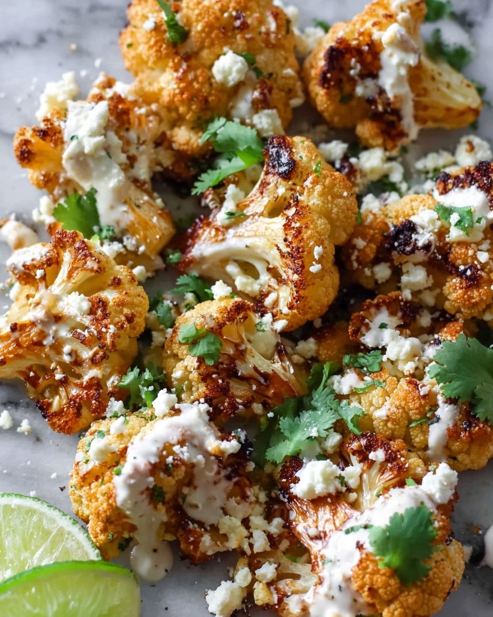 Pieces of roasted cauliflower lay on a white marbled surface, each floret golden brown with crisp, slightly charred edges. A creamy white sauce is drizzled unevenly over the cauliflower, adding a smooth contrast to the rough texture of the roasted pieces. Bright green cilantro leaves are scattered on top, giving fresh pops of color, and crumbled white cheese is sprinkled throughout, resembling small, soft crumbs. A wedge of lime with a pale green inside and bright green skin rests at the side, completing the arrangement, photo taken with an iphone --ar 4:5 --v 7