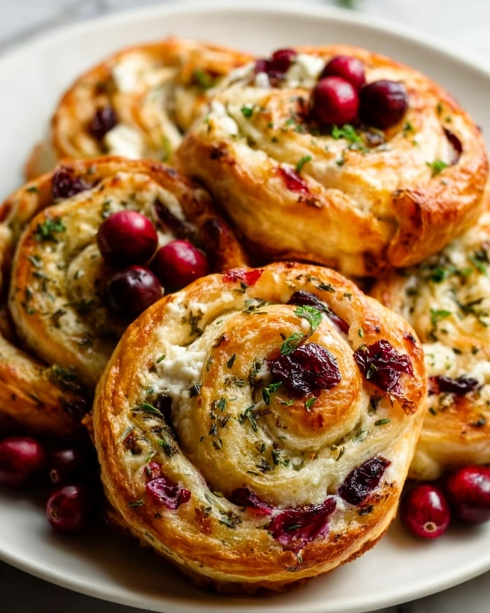 The image shows a close-up view of four golden-brown spiral pastries on a white plate, placed on a white marbled surface. Each pastry has three visible layers: a flaky, crispy outer dough layer with a light golden crust; a middle layer filled with green herbs, white cheese crumbles, and bright red cranberries creating a colorful contrast; and an inner core tightly wrapped with these ingredients. The pastries look soft on the inside and slightly crunchy on the outside, with some herbs sprinkled on top. The photo taken with an iphone --ar 4:5 --v 7