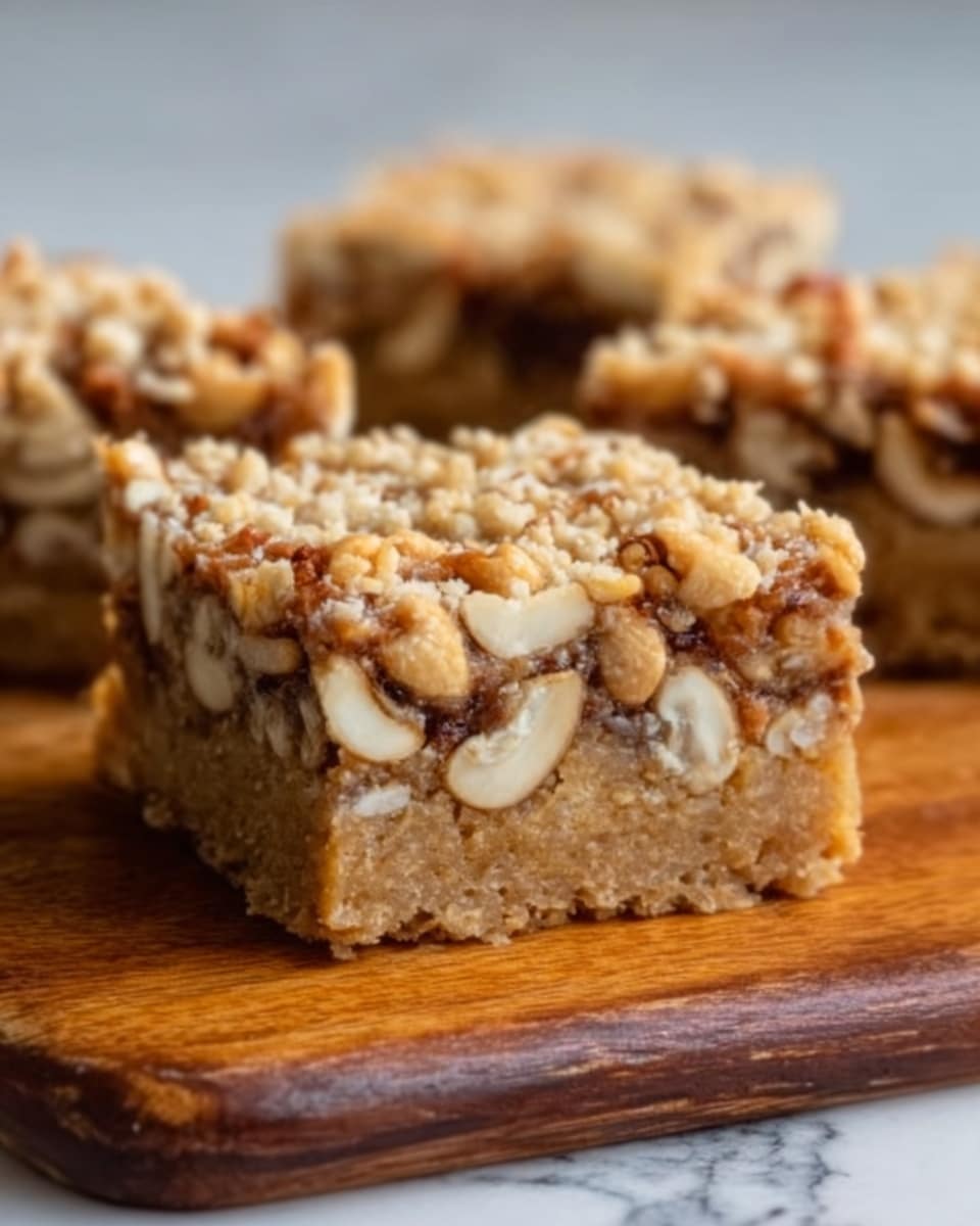 A close-up of two square oat bars stacked on a light wooden board, showing a dense texture filled with visible oats, mixed nuts, and pieces of dried fruit. The bars have a rough, crumbly surface with a light brown color and some darker nut pieces scattered throughout. The background is a white marbled texture. Photo taken with an iphone --ar 4:5 --v 7